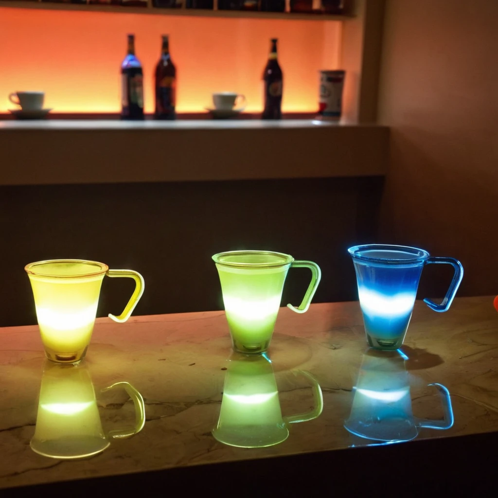 several (fun shaped, glass, children's cups) are on a counter, each one is filled with a different opacity drink. A bright light shows through them, displaying tyndall effect