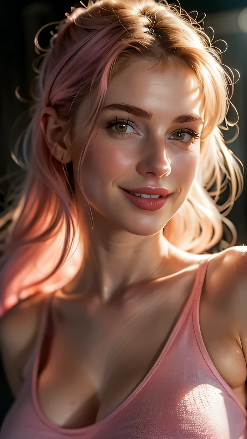(((ultra realistic))) Full Body Photo, masterpiece, top quality, (pale skin), (Ultra detailed face and eyes:1.3), 1 girl, Adult, in a sweatshirt and tight leggings, ((A bright and beautiful smile)), ((large detailed lips)), ((Pink fluttering hair)), ((Chyolka)) , posing in a stressed face, (Natural breasts), Slim waist. ((Posing full body)), photoshoot, studio (dark and soft lighting), (The play of light and shadows), (special attention to skin detail: 1.2), Detailed texture, skin pores. (Warm atmosphere of the frame, UDR, ((Film grain)), ((rays)), (Glare), ((full body portrait)) , ultra detialed,