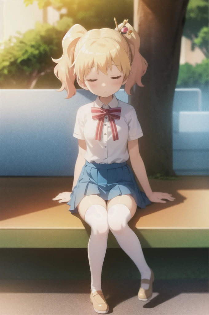 alice cartelet, white thighhighs, striped bow, hair ornament, blue pleated skirt, white collared shirt, short sleeves, sitting, sleeping, closed eyes, outdoors, park bench, sunset