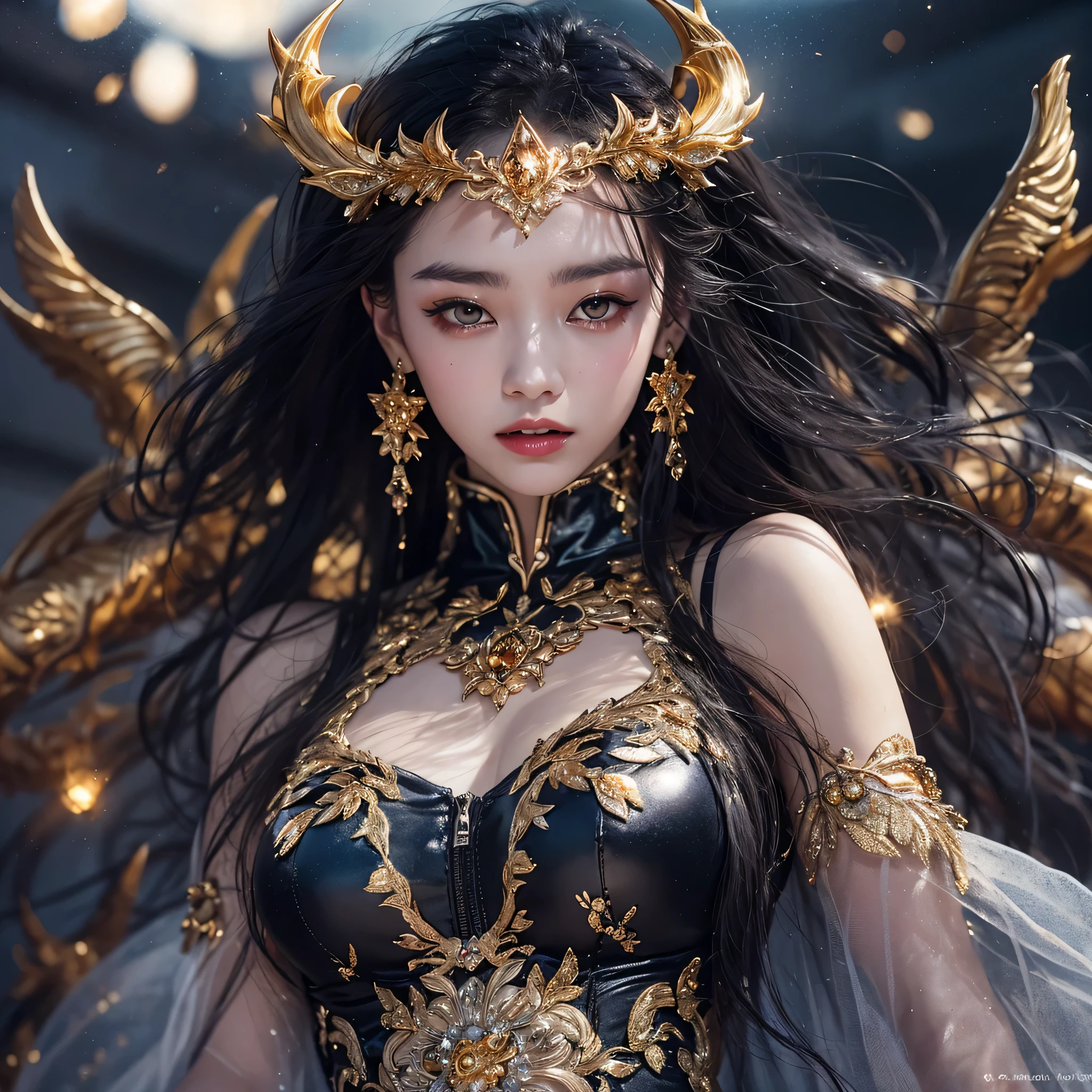 （（（Windproof goggles）））（windproof sunglasses）鹿角飞天九尾Light蓝天师炎发星，Black moonlit night, Gold and orange snake-print silk trousers，Rouge Diamond Tulle Sheer Lizard Print，very happy，Authentic and delicate texture，Strong visual impact，super detailed，dream girl，delicate face型，beautiful eyes，Hair floating in the air， cherry style，Zhou Xiaotong，crystal clear，Good sense of perspective，Light shadow effect，16KLight slip，surface reflected Light，flowing black hair，Water Goddess 32K，complicated，grace，Very detailed，Gorgeous，digital photography，Autumn Cowboy Shooting，Surrealism，broken ruby，defeat magic，Water magic entanglement，（masterpiece，Light，beautiful eyes：1.2），high dynamic range，void 5 energy storm，(china 1 girl，black eyes:1.5），rouge skin，Light skin，(sit on stone：1.5），delicate face，black hair，Put on Gorgeous golden armor，starry sky background，beautiful golden armor，it&#39;it&#39;it&#39;It&#39;s raining，beautiful，University Teachers&#39;Don&#39;t look at the audience，focus shift，masterpiece