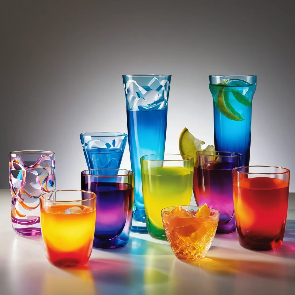 Several glass children's cups of fun shapes are arranged on a counter, each one filled with a different opacity drink. The bright light illuminates them, showcasing the Tyndall effect. The cups are made of transparent glass, creating a vibrant display of colors as the light passes through. The drinks inside the cups range from clear and translucent to partially opaque, adding visual interest to the scene. The Tyndall effect is evident as the light scatters and refracts, giving the drinks a unique glow. The counter is well-lit, highlighting the cups and their contents. The cups are designed with playful shapes, adding a touch of whimsy to the composition. The entire scene exudes a sense of wonder and curiosity, inviting viewers to explore the colorful world within each cup. The high-quality rendering captures the intricate details of the glass cups, allowing for a realistic and visually appealing depiction. The colors are vivid and vibrant, enhancing the overall visual experience. The lighting is carefully designed to create a dramatic effect, emphasizing the beauty of the cups and the Tyndall effect.