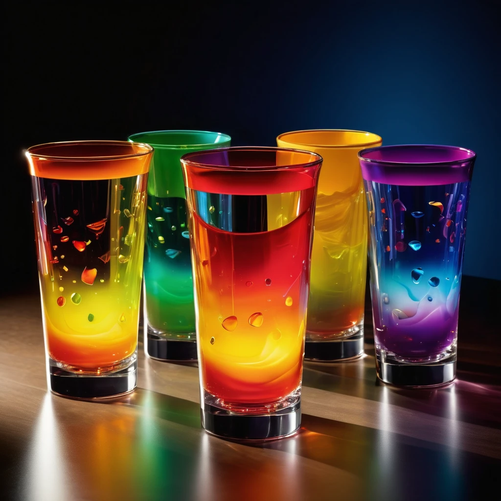 Several glass children's cups of fun shapes are arranged on a counter, each one filled with a different opacity drink. The bright light illuminates them, showcasing the Tyndall effect. The cups are made of transparent glass, creating a vibrant display of colors as the light passes through. The drinks inside the cups range from clear and translucent to partially opaque, adding visual interest to the scene. The Tyndall effect is evident as the light scatters and refracts, giving the drinks a unique glow. The counter is well-lit, highlighting the cups and their contents. The cups are designed with playful shapes, adding a touch of whimsy to the composition. The entire scene exudes a sense of wonder and curiosity, inviting viewers to explore the colorful world within each cup. The high-quality rendering captures the intricate details of the glass cups, allowing for a realistic and visually appealing depiction. The colors are vivid and vibrant, enhancing the overall visual experience. The lighting is carefully designed to create a dramatic effect, emphasizing the beauty of the cups and the Tyndall effect.