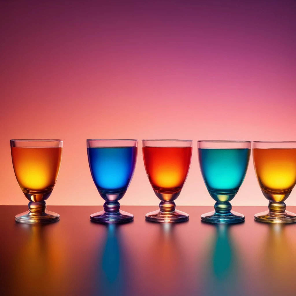 Several glass children's cups of fun shapes are arranged on a counter, each one filled with a different opacity drink. The bright light illuminates them, showcasing the Tyndall effect. The cups are made of transparent glass, creating a vibrant display of colors as the light passes through. The drinks inside the cups range from clear and translucent to partially opaque, adding visual interest to the scene. The Tyndall effect is evident as the light scatters and refracts, giving the drinks a unique glow. The counter is well-lit, highlighting the cups and their contents. The cups are designed with playful shapes, adding a touch of whimsy to the composition. The entire scene exudes a sense of wonder and curiosity, inviting viewers to explore the colorful world within each cup. The high-quality rendering captures the intricate details of the glass cups, allowing for a realistic and visually appealing depiction. The colors are vivid and vibrant, enhancing the overall visual experience. The lighting is carefully designed to create a dramatic effect, emphasizing the beauty of the cups and the Tyndall effect.