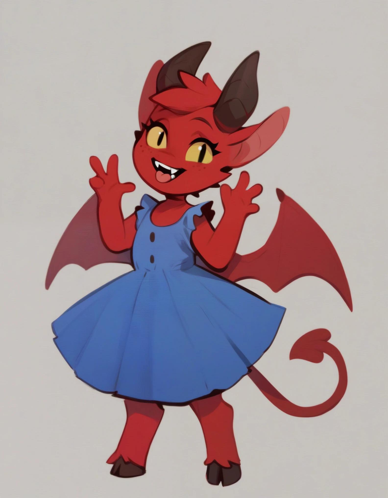 score_9, score_8_up, score_7_up, score_6_up, score_5_up, score_4_up,
elizabetloveuniverse, 
satina_wants_a_glass_of_water, 
satina, 
demon, humanoid, hybrid, 
2020, 3:4, colored, digital_drawing_(artwork), digital_media_(artwork), hi_res, 
2_horns, 4_fingers, barefoot, blue_clothing, blue_dress, bottomwear, , clothing, dress, eyelashes, fangs, feet, female, fingers, happy, head_tuft, hooves, horn, membrane_(anatomy), membranous_wings, open_mouth, pink_tongue, pupils, red_body, red_hooves, red_horn, red_skin, red_tail, red_wings, simple_background, skirt, slit_pupils, smile, smiling_at_viewer, solo, standing, tail, teeth, tongue, tuft, wings, yellow_sclera, young
