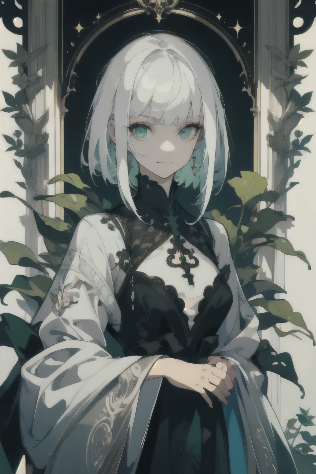 masterpiece, best quality, 1 female, adult, beautiful, white hair with bangs, green eyes, finely detailed eyes, intricate details, black dress, small smile