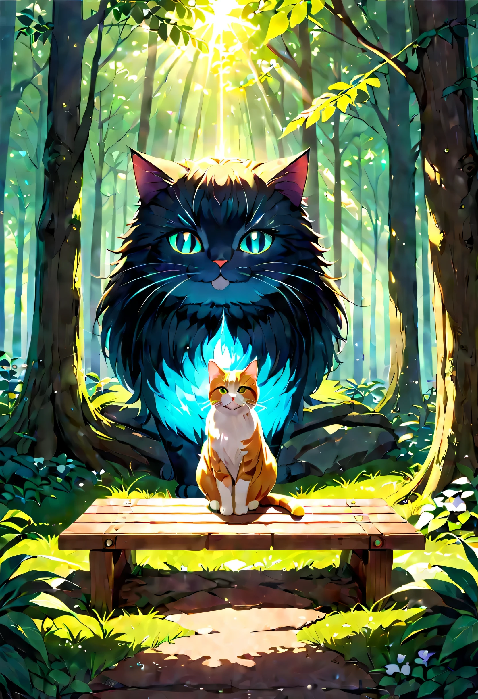 (Tyndall effect: 1.1), how light is dispersed and scattered, foggy forest, Cat sitting on a bench in a forest with trees, and the Tyndall effect allows light to shine through and illuminate the cat