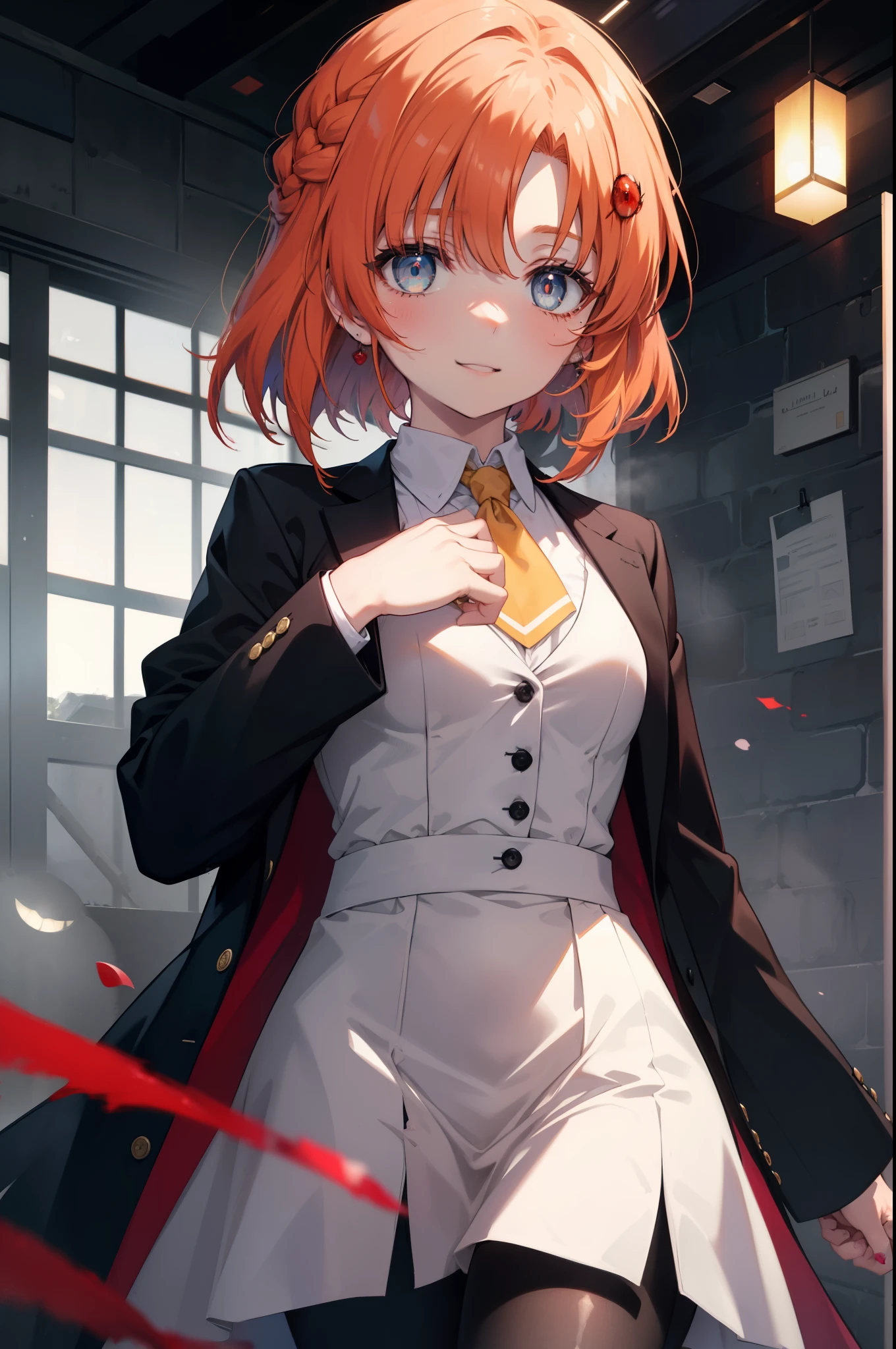 Rena Ryugu, rena ryuuguu, orange hair, long hair, short braid,hair blue eyes, smile, grin and laugh,creepy laughter, dead eyes,Psychopath horror,Bloodstained,blood drops,Spooky、Murder scene, serial killer, bathed in blood,Clothes with blood on them,black suit jacket, collared jacket, white dress shirt, collared shirt, neckline, button, strap, ID card on neck, black pencil skirt, black pantyhose, looking at the viewer, (small breasts:1.2),
break looking at viewer,
break indoors, office,
break (masterpiece:1.2), highest quality, High resolution, unity 8k wallpaper, (figure:0.8), (detailed and beautiful eyes:1.6), highly detailed face, perfect lighting, Very detailed CG, (perfect hands, perfect anatomy),