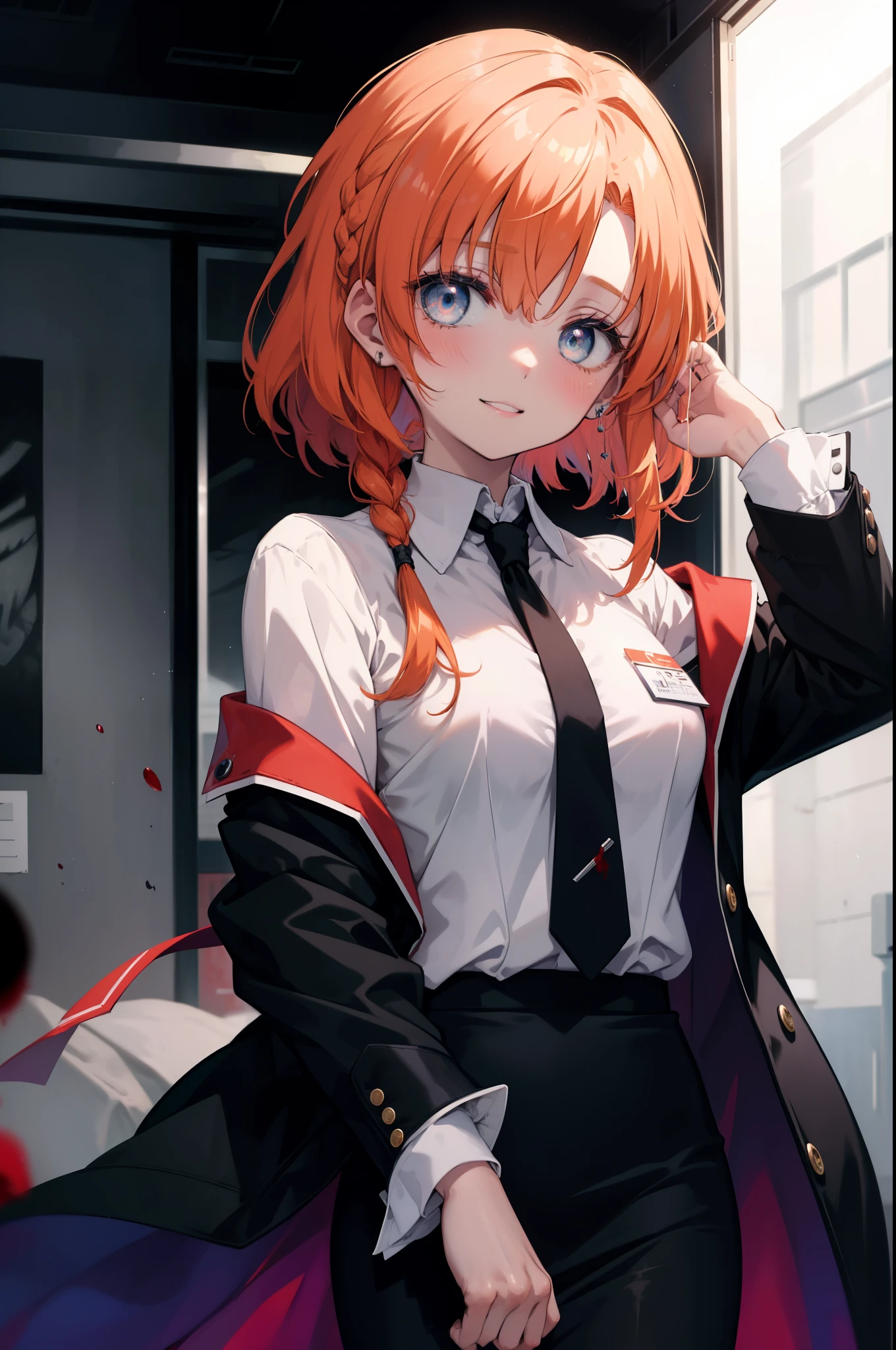 Rena Ryugu, rena ryuuguu, orange hair, long hair, short braid,hair blue eyes, smile, grin and laugh,creepy laughter, dead eyes,Psychopath horror,Bloodstained,blood drops,Spooky、Murder scene, serial killer, bathed in blood,Clothes with blood on them，black suit jacket, collared jacket, white dress shirt, collared shirt, neckline, button, strap, ID card on neck, black pencil skirt, black pantyhose, looking at the viewer, (small breasts:1.2),
break looking at viewer,
break indoors, office,
break (masterpiece:1.2), highest quality, High resolution, unity 8k wallpaper, (figure:0.8), (detailed and beautiful eyes:1.6), highly detailed face, perfect lighting, Very detailed CG, (perfect hands, perfect anatomy),