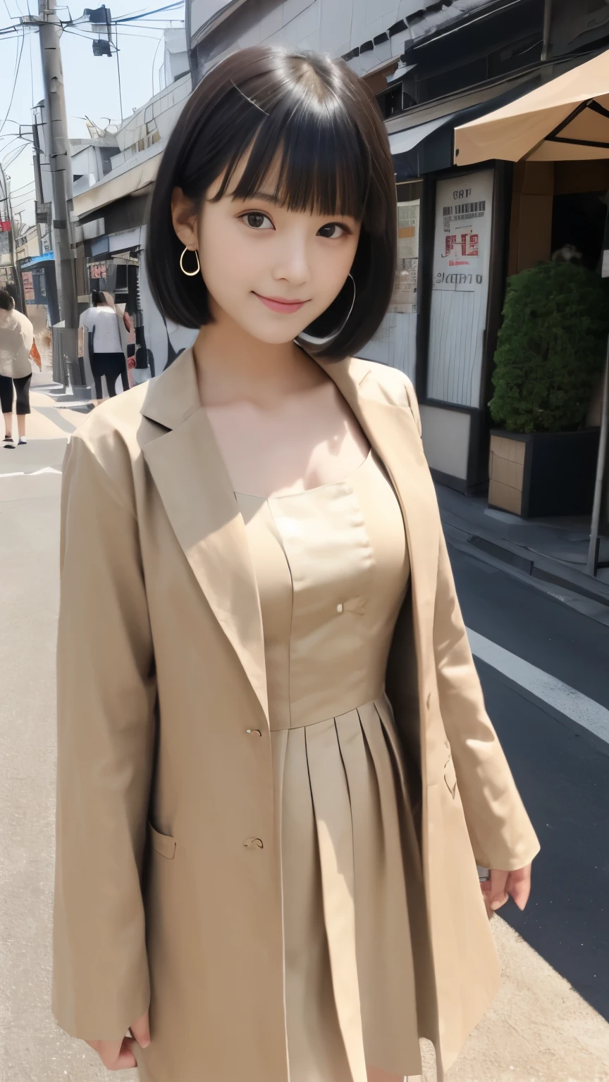 Masterpiece, Best-quality, RAW-photo, Ultra-High-Resolution, Photorealistic, 
(Anatomically correct, -yeld, Yo-Japanese-Fashion-Model, baby face,e, Perfect human body, slim waist and busty body, Slender legs, Large breast, Realistic skin, angle from below), 
((Wear Beige twill loose tailored jacket, beige light twill cutting cami dress, black platform bootaiko, Round face, Black hair, Moist eyes, Shining eyes, Short bob cut, Bangs, Down-slating eyebrows, one little earring, Light blush), 
(Look at the viewer, show the whole body, turn the body forward, hold the hem of the dress), 
(goddess smile), 
(Tokyo, A casual street where many teenagers walk, many young people walking), 
Natural lighting, full length, 