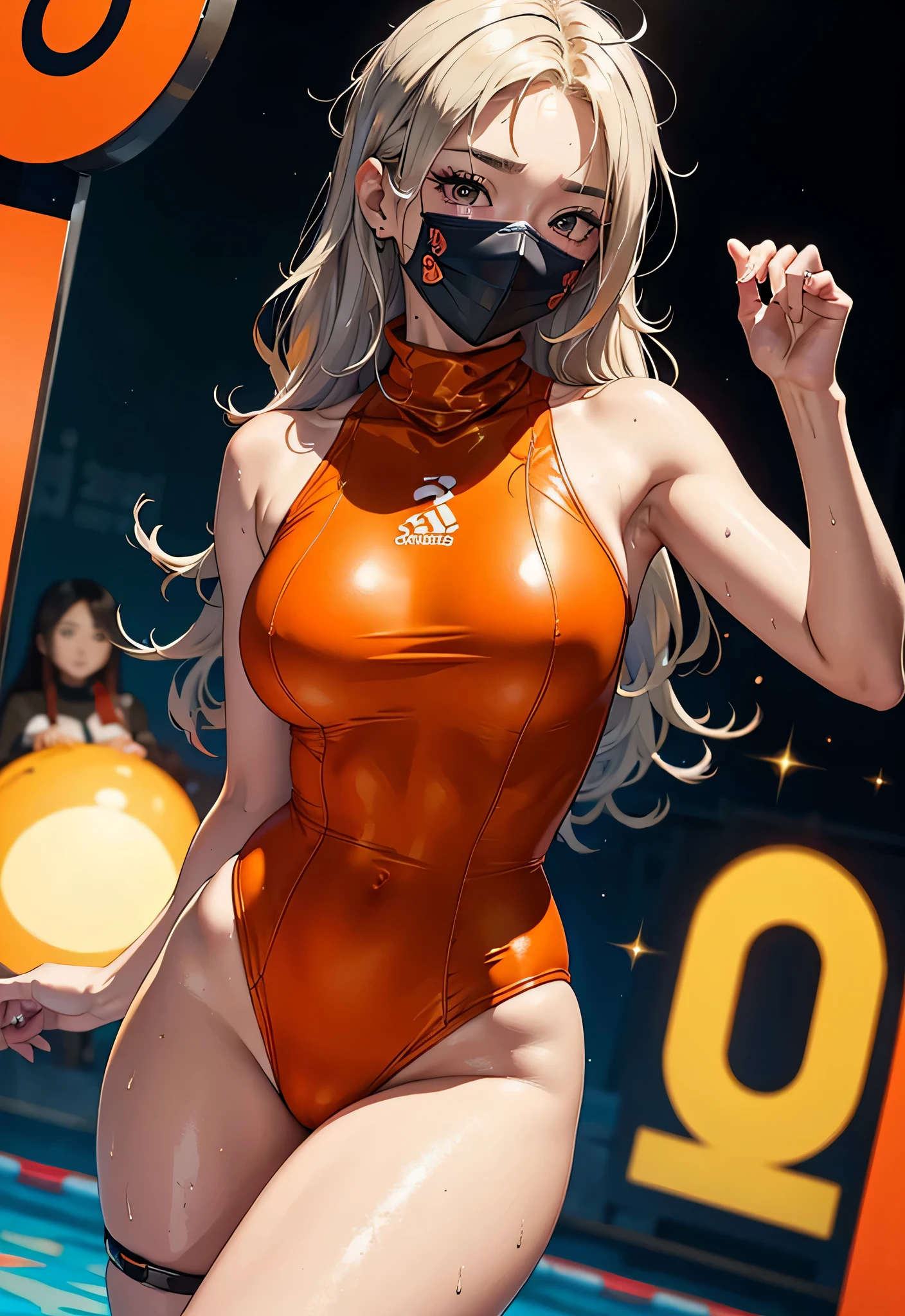 realistically、Super high saturation、8k、Long curly hair(((a  girl)))、((She is wearing an orange and navy turtleneck swimsuit。)).、swim、Thighs are thicker、Emphasis on muscle development。、Various sexy pose swimプールround olympic 体操選手ics stadium 美しい顔, Highly detailed face and skin textures, (Eyes have small wrinkles, double eyelids, thin eyebrows, glitter eyeliner: 1.2, natural cheeks, skin shiny, White skin,, (shiny lips: 1. 4),Sweating 1.0、(((vitality)))