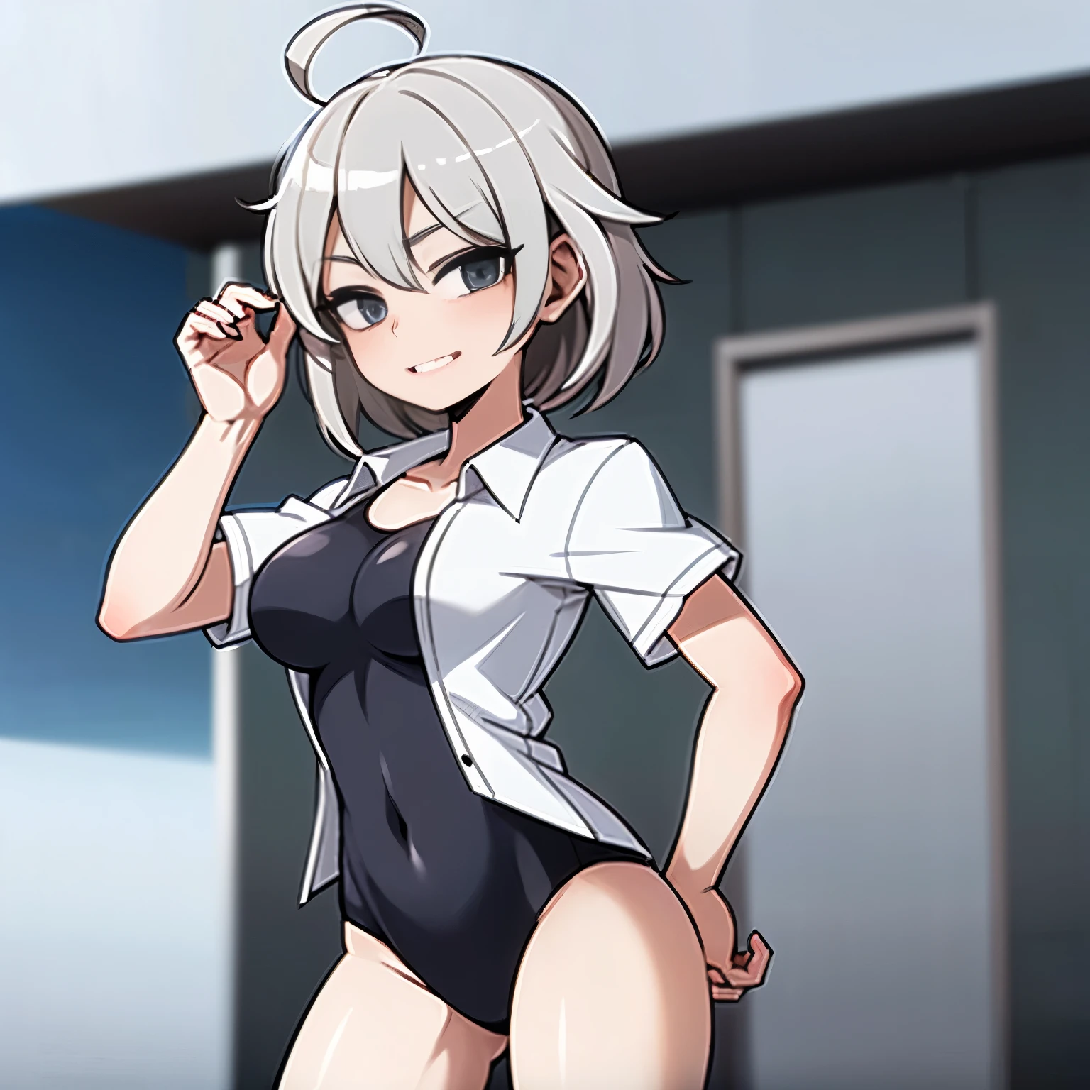 ((masterpiece, highest quality)), (1 girl), (alone), (female focus), (Ahoge, gray hair, short hair), black eye, light smile, open your mouth, ((white shirt), (shirt with buttons), (gap between buttons)), ((black high leg swimsuit), (Two-piece swimsuit)), Are standing, white background, turn your arms behind your back, dynamic angle