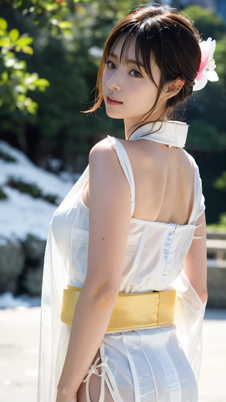 first person,perfect anatomy ,deep snow in the mountains,(((Wearing a thin, see-through white kimono and a short kimono, barefoot and holding hands in a female dog pose.))),Proud F-cup beautiful breasts and narrow waist,(着物がはだけていて色っぽい美New雪女),Lift your chin and look at the moon,muste piece,純白の下着がとても眩New,(Full body shot from behind with the moon in the background from a low angle),20-year-old, Long glossy chestnut hair,((Gravure photoshoot with dimmed lights in a snowy mountain forest late at night)),Big eyes,Clear double eyelids,((glossy thick lips)),Captures the essence of her athleticism and energy,Deep depth of field with Hasselblad, portraying the motion and grace ポーズ, showing the wind blowing her ロングヘア and clothes,outdoors, detailed background,best image quality,professional angle of view,outstanding detail,超A high resolution,realistic:1.4),high detail,focus on details,1girl concentrated in high concentration,栗色の美Newヘアー,繊細で鼻が高く美New顔,long limbs and narrow waist,god々New,
