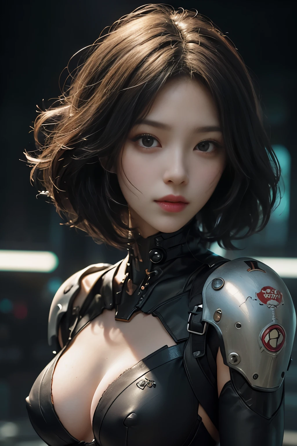 NSFW(((masterpiece))), (((Best Quality))), ((Ultra-detailed)), (extremely detailed photo), ((extremely delicate and beautiful)),(Cute delicate face), an image of cyberpunk, steampunk, sci-fi, cyberpunk fan art, cyberpunk hd wallpaper, cyberpunk art, cyberpunk pics, cyberpunk images, (tall girl), ((A 25 years old cool Half Japanese and half German girl)),solo,short hair,looking at viewer, mecha musume,  armor ,(beautiful face and eye), double eyelid,delicate skin,slender body shape,big breast