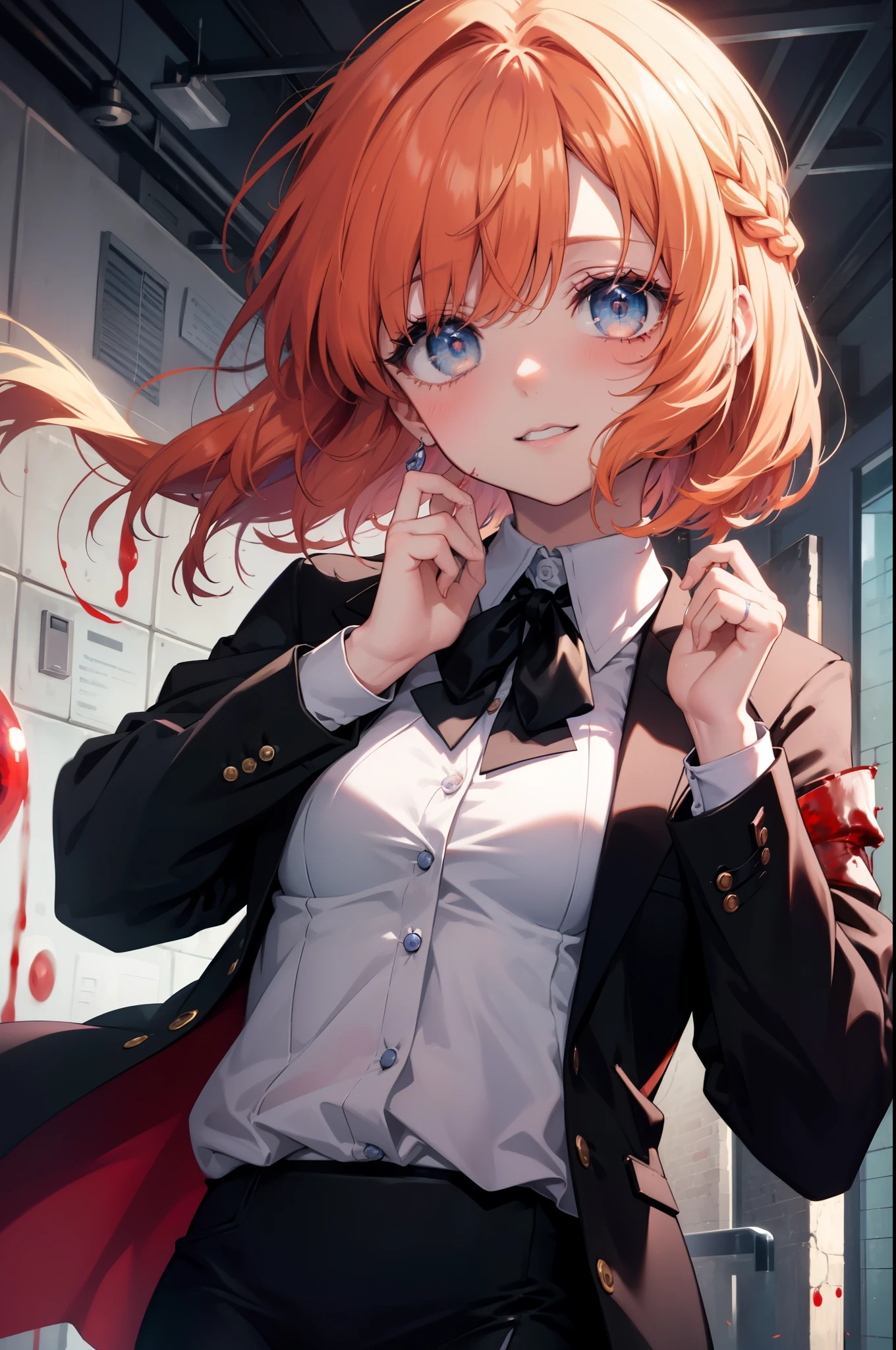 Rena Ryugu, rena ryuuguu, orange hair, long hair, short braid,hair blue eyes, smile, grin and laugh,creepy laughter, dead eyes,Psychopath horror,Bloodstained,blood drops,Spooky,Murder scene, serial killer, bathed in blood,Clothes with blood on them，black suit jacket with blood on it, bloody collared jacket,Bloodstained white dress shirt, shirt with blood on the collar, neckline, button, strap, ID card on neck, bloody black pencil skirt,bloody black pantyhose, looking at the viewer, (small breasts:1.2),
break looking at viewer,
break indoors, office,
break (masterpiece:1.2), highest quality, High resolution, unity 8k wallpaper, (figure:0.8), (detailed and beautiful eyes:1.6), highly detailed face, perfect lighting, Very detailed CG, (perfect hands, perfect anatomy),