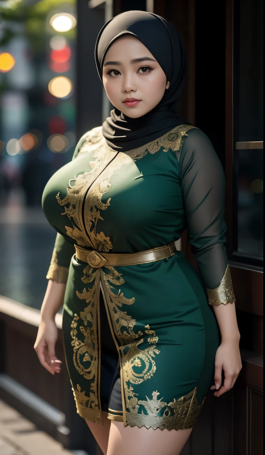 1 malay girl, modern plain hijab, shy, medium portrait, watery eyes, wearing dark green kebaya, ((big breasts)), black bokeh background, well-proportioned body,, chubby massive thighs, full body pose