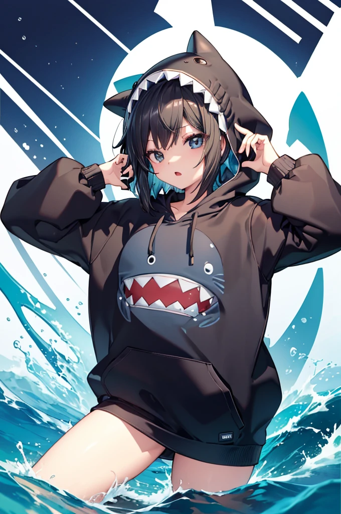 high quality,masterpiece,Naughty face, Nendoroid, Shark Hat, Shark Hatは耳がない, The hat has no ears, Shark costume, black haired, hairstyle bob, Metal, Shark ride,jk,on the bed,light blue micro bikini,Black hoodie