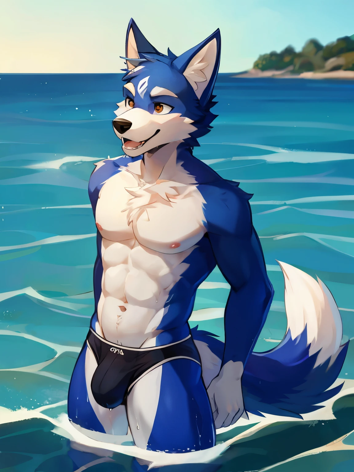 solo,short hair, wolfboy,blue fur,black male underwear,wolf ears, serious, tail, male focus, wet body,pectorals,furry, furry male,snout,playing in water，sunglasses