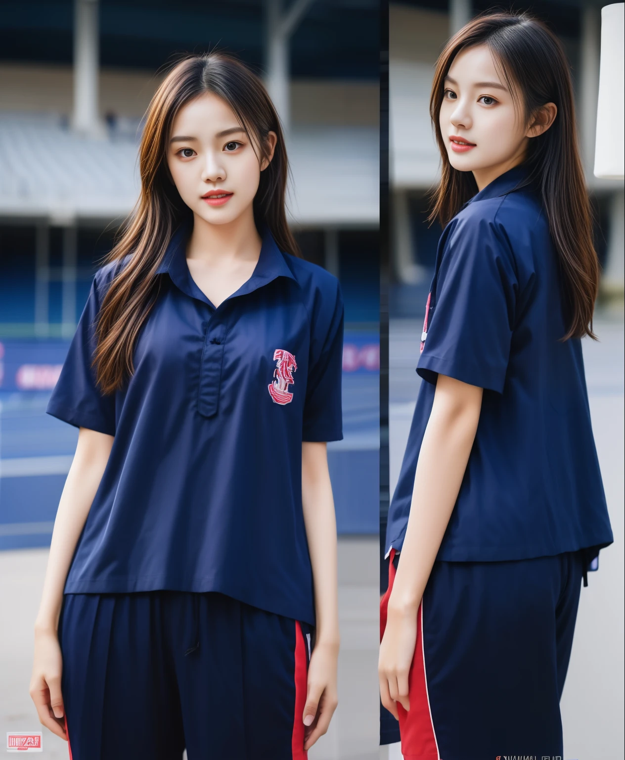 (best quality,10,10,height,Masterpiece:1.2),Special details,(realistic,ภาพrealistic,Realistic photos:1.37),1 cute girl on the football field,shiny, ผิวshiny,only,smile softly,BDclothelue shirt:1.3)),short sleeve,shirt, กางเกงขาlong.,(navy_long_track pants:1.1), ((stadium background:1.3)),Dynamic angle,excited,Face focus,dynamic poses,from behind,focus on ass,Masterpiece, best quality, ultra realistic, hyper-detail, 8K resolution, raw photos, Sharp focus, ((Navy blue shirt:1.1)), short sleeve, เส้นทางlong, perfect body, 2 mature women, 18 years old, Cinema-grade lighting system,blue sweatpants,shirtผ้าออกกำลังกาย,correct anatomy,perfect body, correct body, Sharp face, correct bodyทางกายวิภาค, full body, realistic gestures, long-haired, realistic poses,Wear long shorts................................,ช่วงขาlong,Good shape,carved girl, Slender figure, model, Good shape, beautiful body,blue sweatpants, two girls kissing