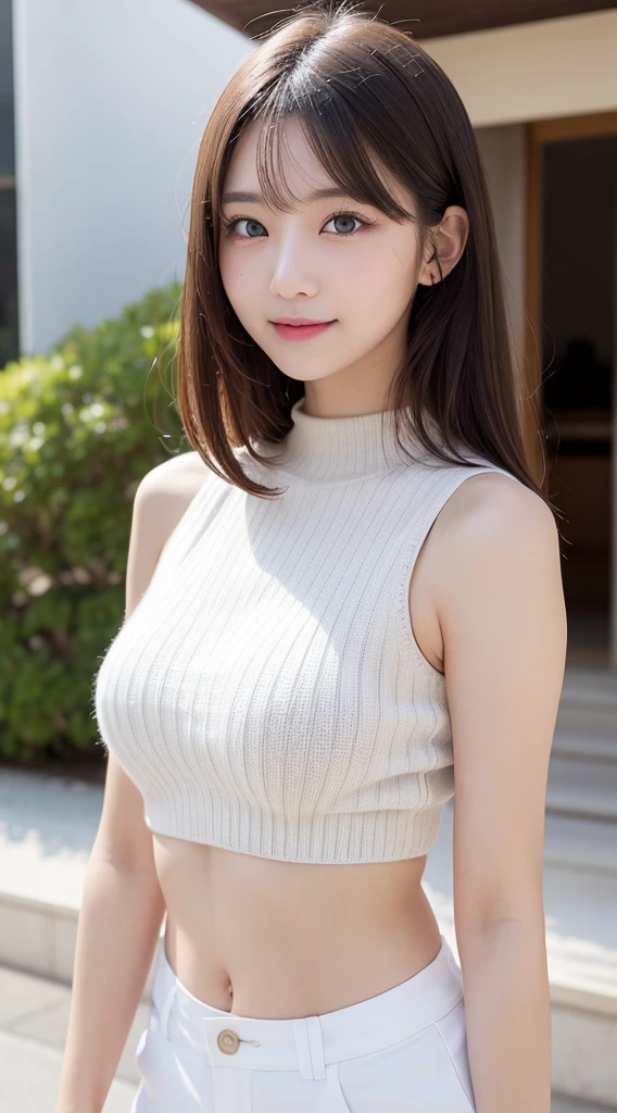 masutepiece, Best Quality, Photorealsitic, finely detail, hight resolution, 8K Wallpapers, Perfect dynamic composition, Beautiful detailed eyes, Medium Hair, large full breasts, Random and sexy poses,Bring your chest together、(Very Small Size Mock Neck Crop Tank Top White Knitwear)、(Breast bulge 1.2)、A smile、open open mouth、Resort scenery、23years old、(Drooping eyes 1.4)、Adult beauty、japanes