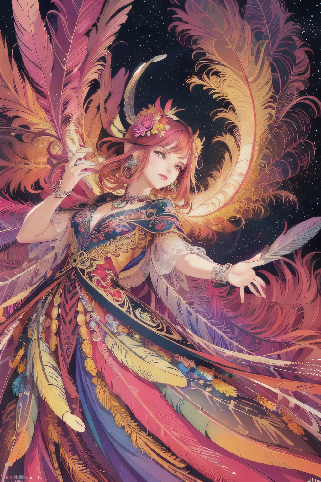 (masterpiece, top quality, best quality, official art, beautiful and aesthetic:1.2), (1girl:1.3), extremely detailed,(fractal art:1.1),(colorful:1.1)(flowers:1.3),highest detailed,(zentangle:1.2), (dynamic pose), (abstract background:1.3), (shiny skin), (many colors:1.4), ,(earrings), (feathers:1.5) , (Flamethrower:1.3),red background,Phoenix dress,