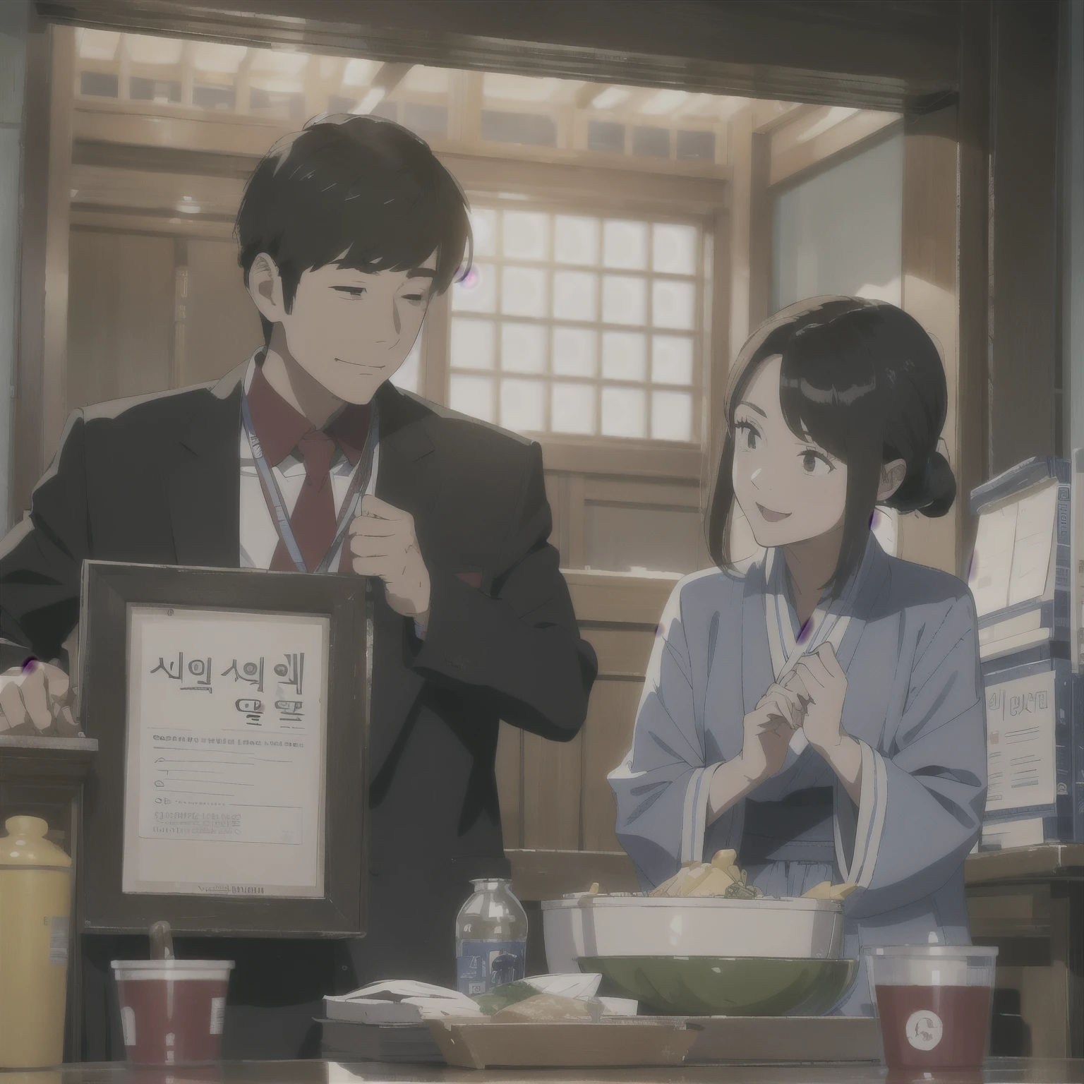 a korean man and korean woman character working as a team, 18 yeas old, cute smile
