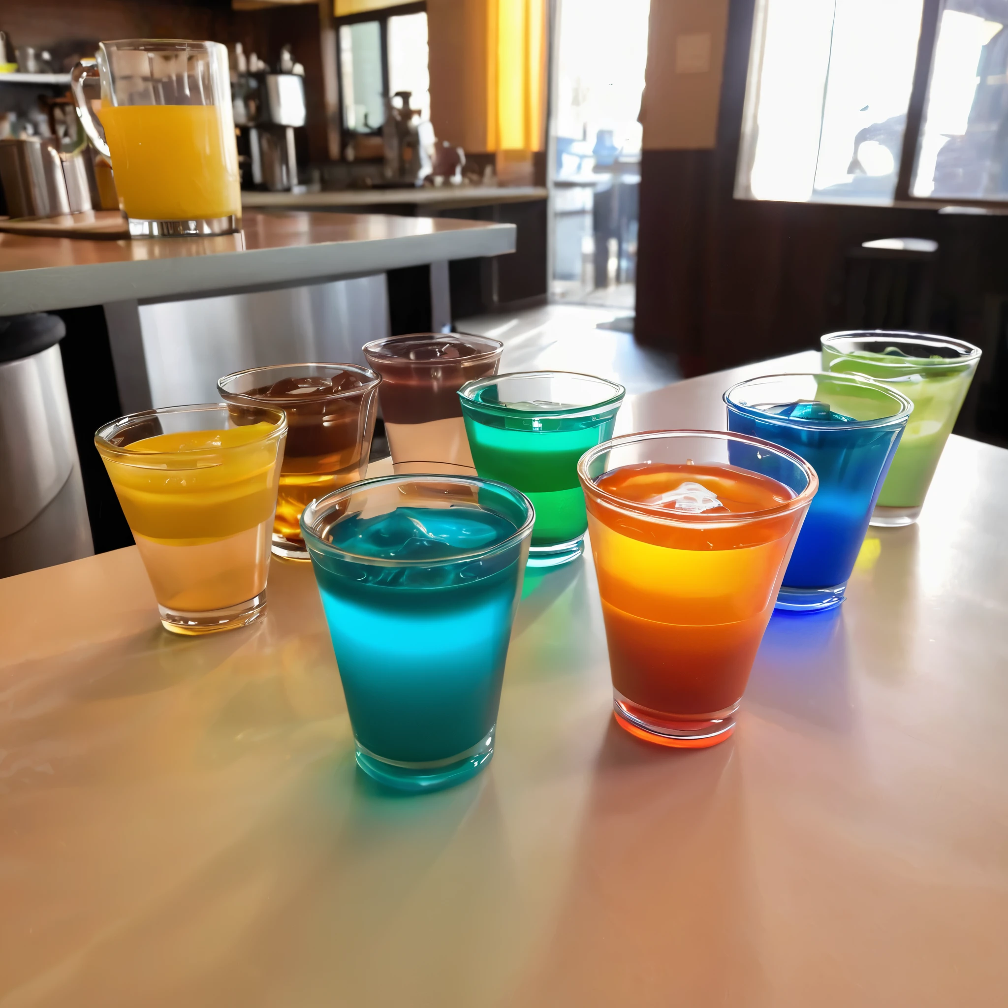several (fun shaped, glass, children's cups) are on a counter, each one is filled with a different opacity drink. A bright light shows through them, displaying tyndall effect