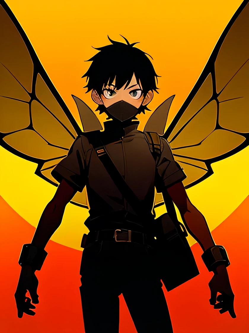 animado, boy dressed as a mosquito, disfraz de mosquito, insect characteristics, boy with big mosquito wings, boy with probocis mask, multiple mosquito wings