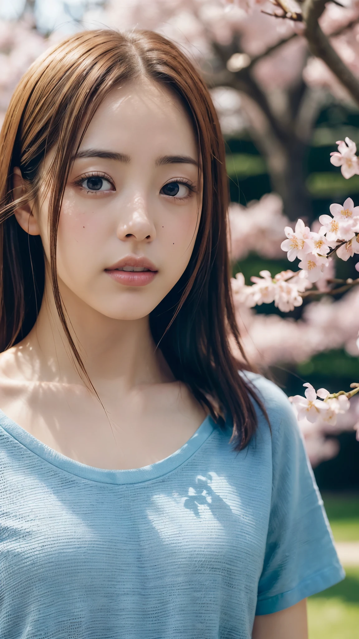 dress、(Photoreal:1.4)、(hyper realistic:1.4)、(realistic:1.3)、(smooth lighting:1.05)、(映画の照明Improvement of quality:0.9)、32K、1 girl、20 year old girl、realistic lighting、Backlight、facial light、ray tracing、(brighter light:1.2)、(Improvement of quality:1.4)、(Highest quality realistic textured skin:1.4)、finely tuned、detailed face、fine eyes、white t-shirt、(Enhances the mood of your body line:1.1)、(Enhances the beauty of skin texture:1.1)、((Satomi Ishihara))、background cherry blossoms