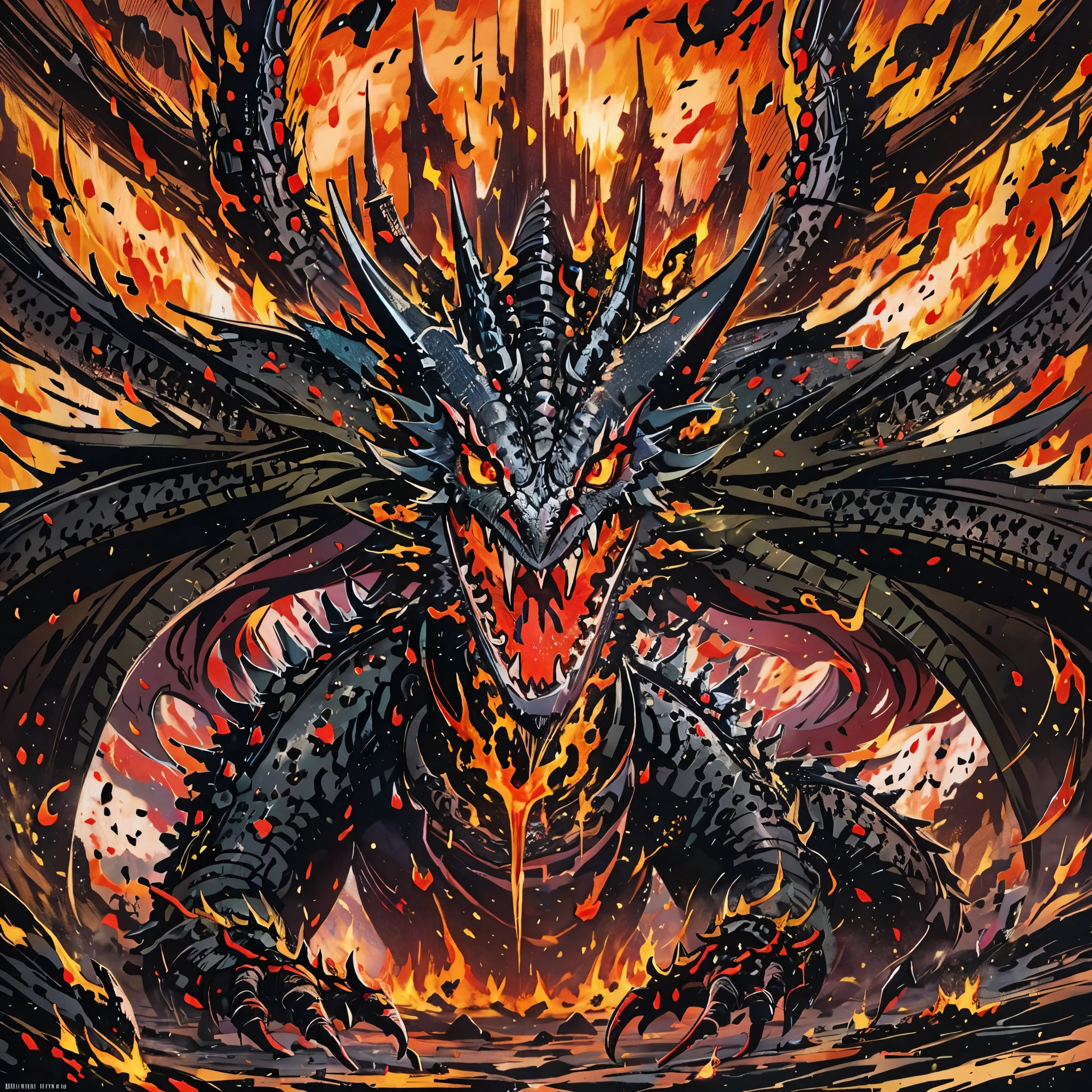 A huge black dragon, Red-Eyes Black Dragon, black flames all around, chaos, destruction, power of sovereignty, the king of dragons, RED EYES, deep inspiration YU-GI-OH TCG,