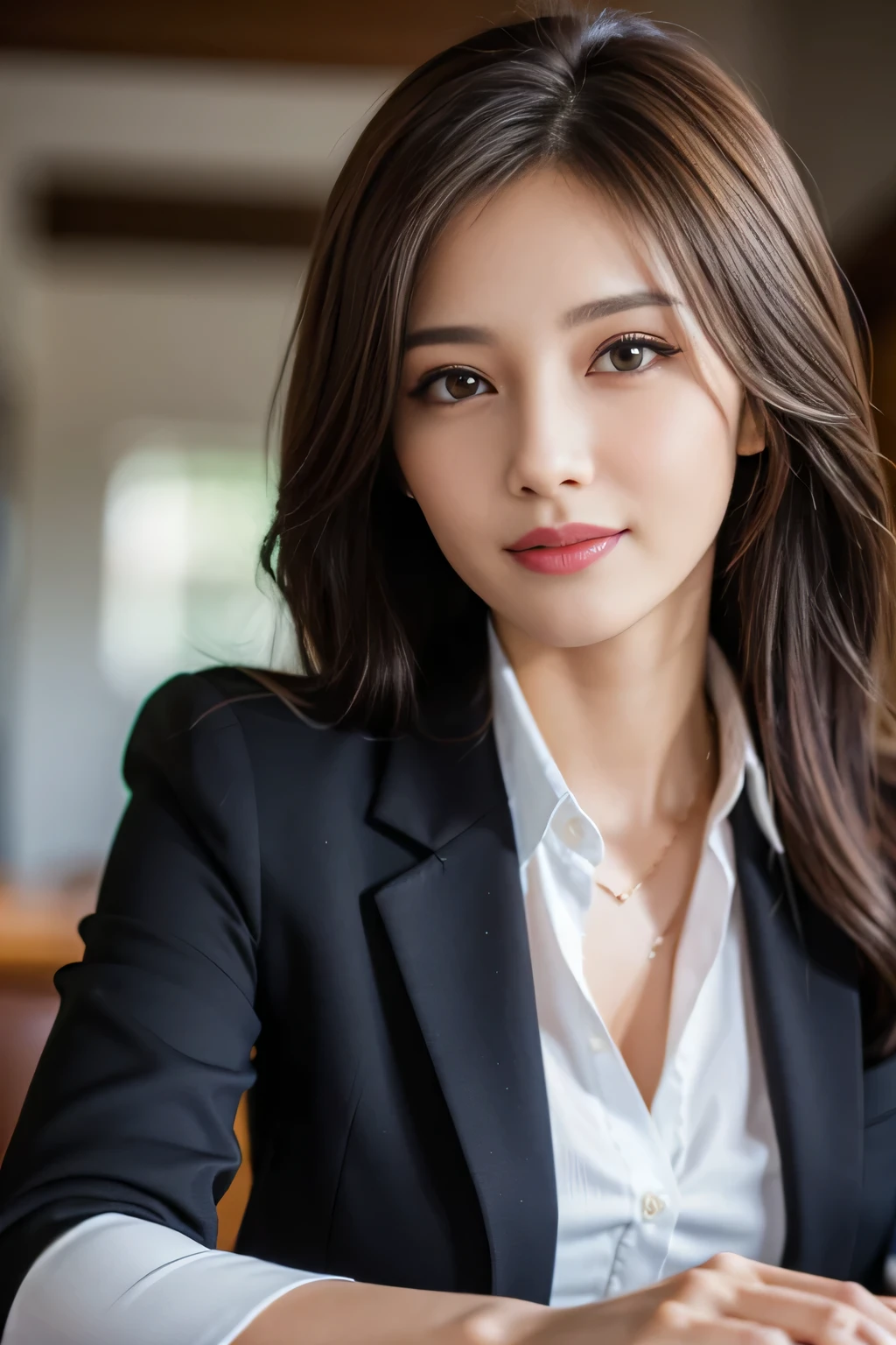 table top, highest quality, realistic, Super detailed, finely, High resolution, 8k wallpaper, 1 beautiful woman,, light brown messy hair, wearing a business suit, sharp focus, perfect dynamic composition, beautiful and detailed eyes, thin hair, Detailed realistic skin texture, smile, close-up portrait, Waiting for the model to start up