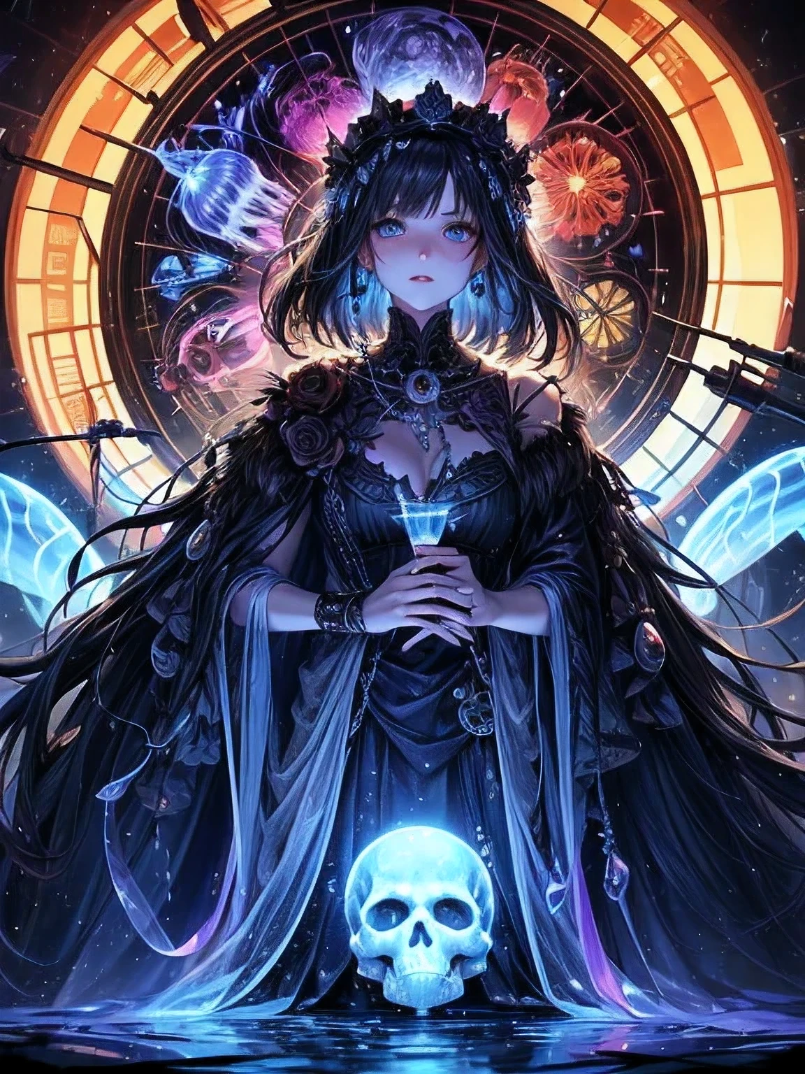 (Best picture quality, 4K, 8K, High resolution, Masterpiece: 1.2), super detail, realistic: 1.37, head close-up ((a metal skeleton parasitized by a dreamlike transparent jellyfish)), an altar consisting of abstract twisted jellyfish tentacles, placed with a very large (mysterious skull made of metal), transparent tentacle waterfall above the skull, (black sunglasses, highly reflective lenses, rainbow around the skull), The energetic circular composition only illustrates the influence of various structural forces (steampunk decorative elements, cogs, and other elements). Pointer, chain decoration combination,