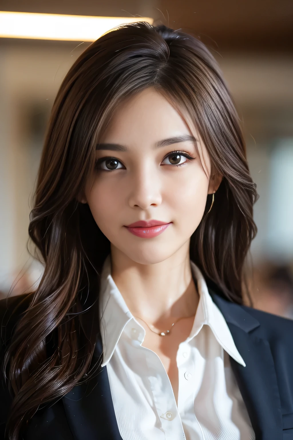 table top, highest quality, realistic, Super detailed, finely, High resolution, 8k wallpaper, 1 beautiful woman,, light brown messy hair, wearing a business suit, sharp focus, perfect dynamic composition, beautiful and detailed eyes, thin hair, Detailed realistic skin texture, smile, close-up portrait, model body shape

