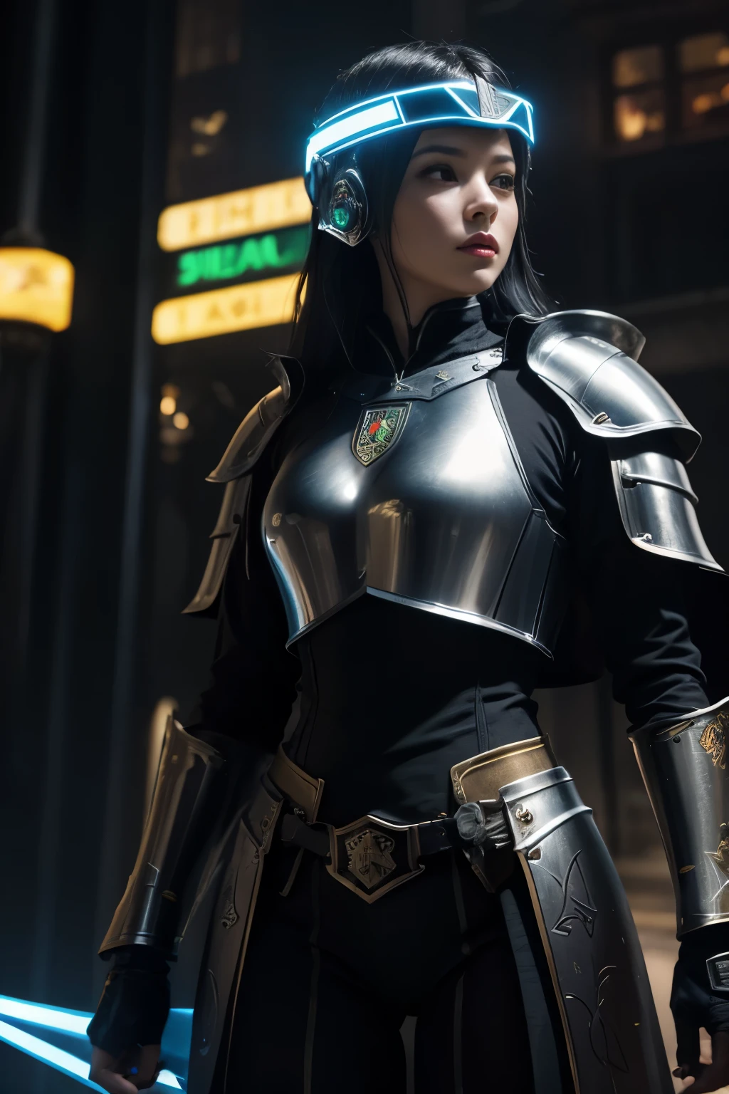 
A beautiful young woman, knight, armor without helmet, neon details, RGB lights on, robe, HUD visor on, / light sword, energy sword, ciberpunk details, control panel wrist, holographic badge, / medieval castle with graffiti, neon signs, / brave looking, tradicional warrior, technology anarchy, daylight 