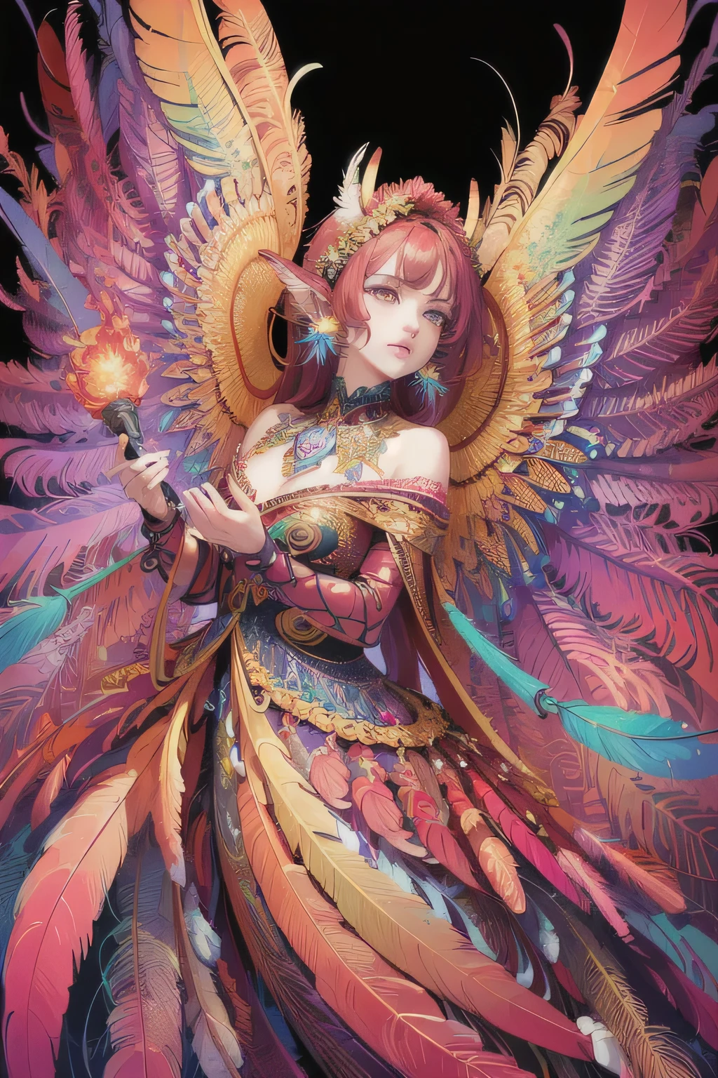 (masterpiece, top quality, best quality, official art, beautiful and aesthetic:1.2), (1girl:1.3), extremely detailed,(fractal art:1.1),(colorful:1.1)(flowers:1.3),highest detailed,(zentangle:1.2), (dynamic pose), (abstract background:1.3), (shiny skin), (many colors:1.4), ,(earrings), (feathers:1.5) , (Flamethrower:1.3),red background,Phoenix dress,