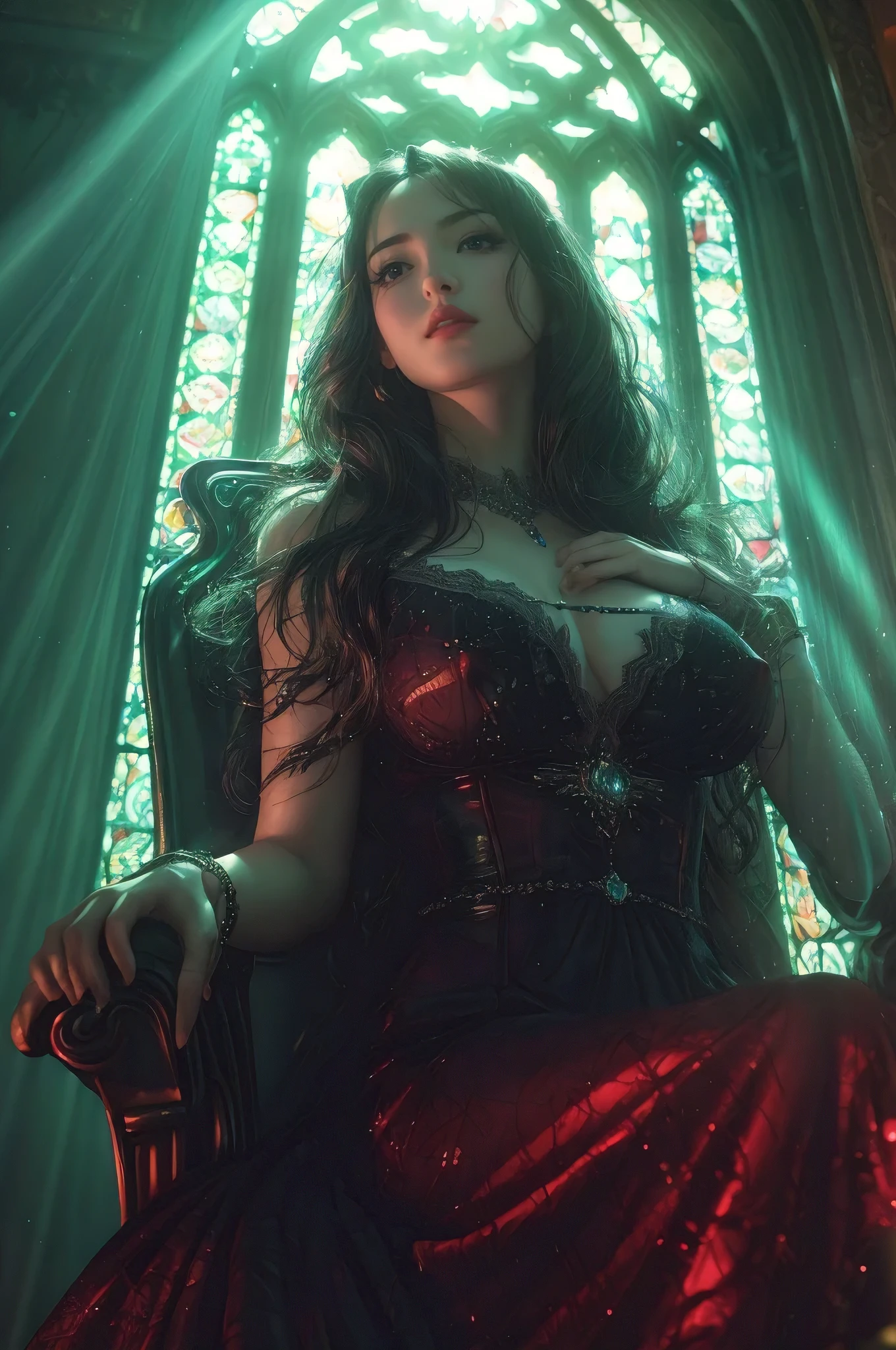 (best quality,4k,8k,highres,masterpiece:1.2), ultra-detailed, (realistic,photorealistic,photo-realistic:1.37), an evil queen sitting on the throne, perfect body, huge breasts, (transparent clothing, visible nipples:1.3), view from below, (tyndall effect from the stained glass decoration behind her, visible ray of light entering the room interior), powerful, evil, darkness, sadness, unsettling aura, perfect illustration, anime realism