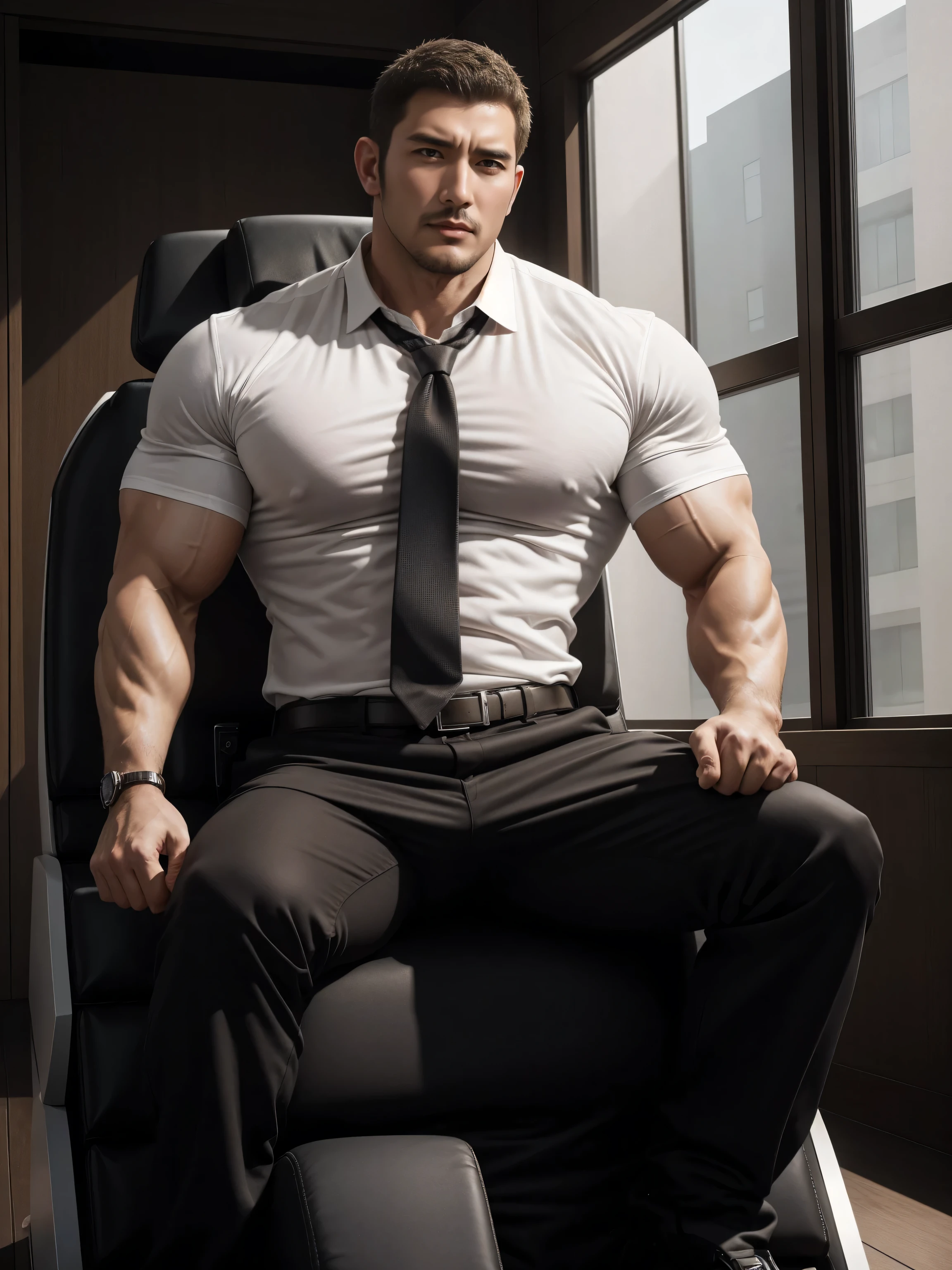 Tall giant muscular肌肉男警官，White shirt，high-end tie，Sit in a comfortable and soft luxury massage chair，，，character concept（Resident Evil - chris redfield，chris redfield）proud expression，Deep and charming eyes，heroic male pose，高大burly，muscular！muscular大腿，tough guy，perfect facial features，High, burly, Heqiang， Super gain and cool， high resolution committee，Charming strong man，The bright sunshine shines on the face through the window