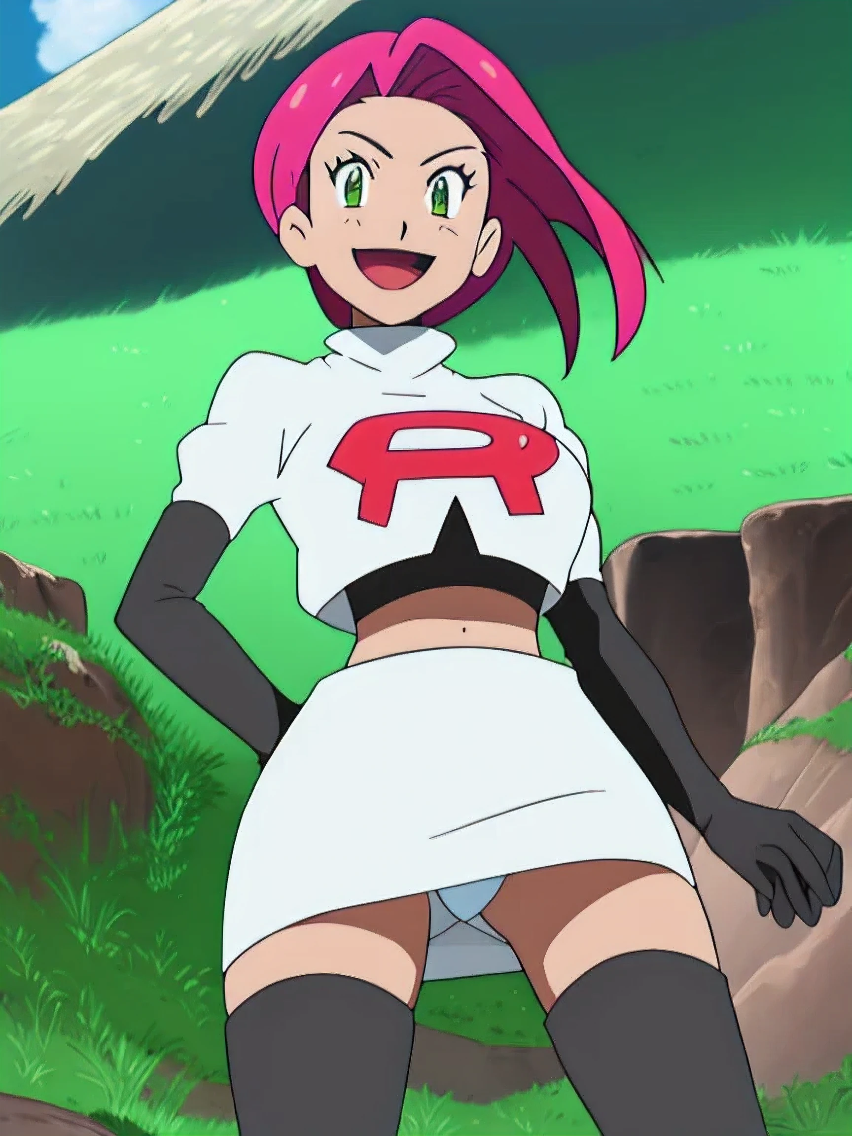 view of the valley, with grass, team rocket uniform, red letter r, white skirt,white crop top,black thigh-high boots, black elbow gloves, evil smile, looking down at viewer, hands on hips, spread legs, from below, panties
