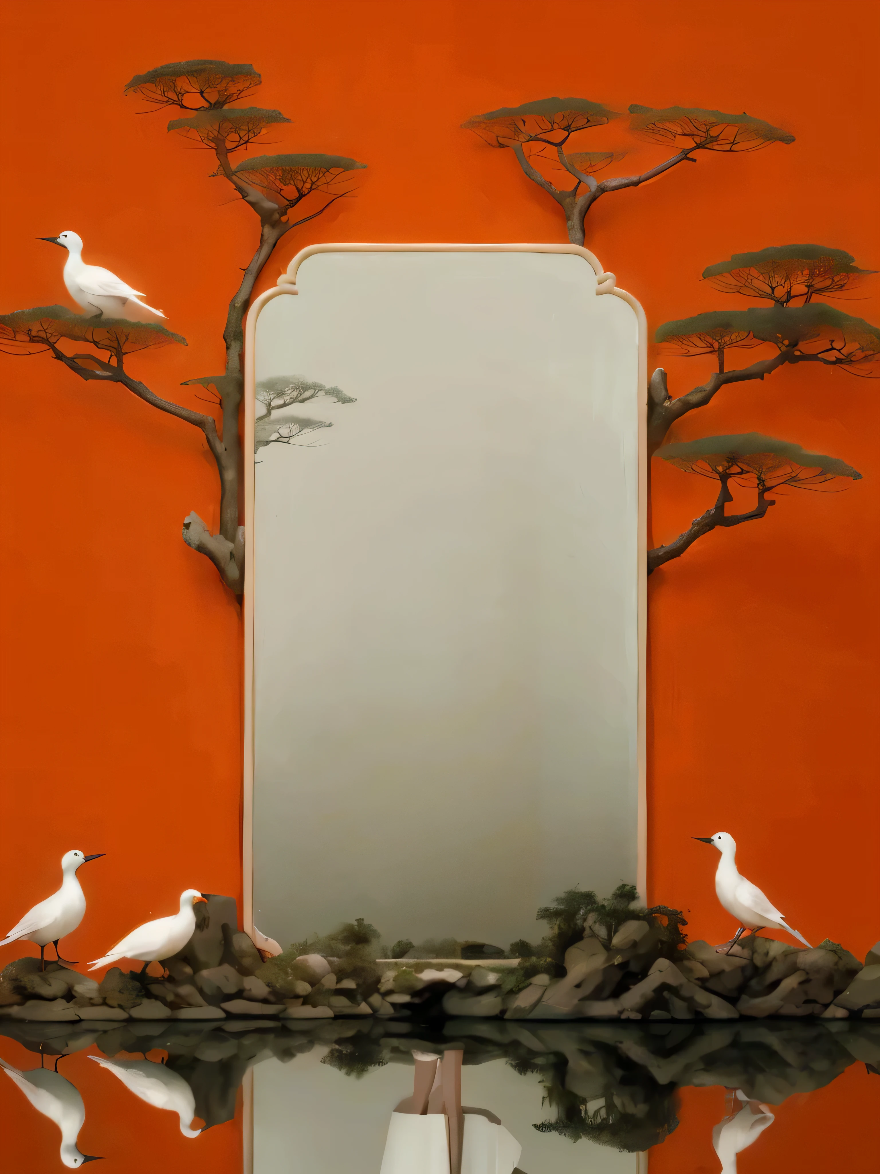 there are birds standing on a rock near a Mirror, Inspired by Yukimura Ohara, Inspired by ancient Ohara villages, Inspired by Song Huizong, Mirror background, art deco nature, Chinese surrealism, Inspired by Yun Shouping, Mirror, by Cheng Jiasui, inspired by Shi Zhonggui, Inspired by Kano Gengxin