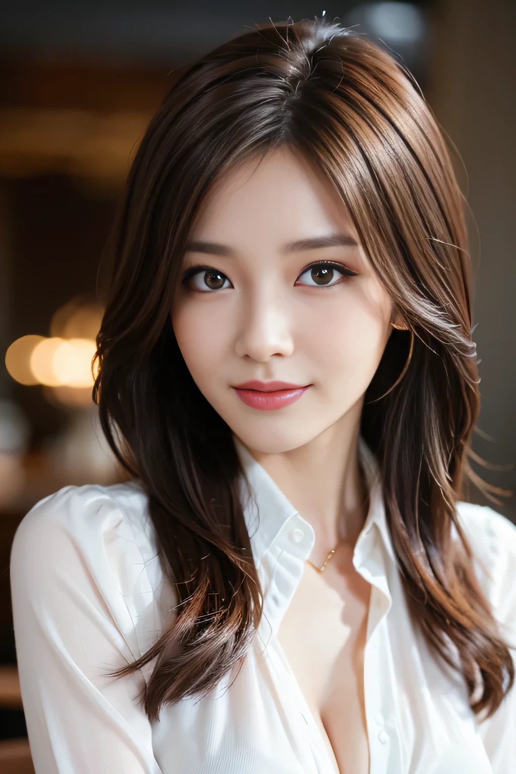 table top, highest quality, realistic, Super detailed, finely, High resolution, 8k wallpaper, 1 beautiful woman,, light brown messy hair, wearing a business suit, sharp focus, perfect dynamic composition, beautiful and detailed eyes, thin hair, Detailed realistic skin texture, smile, close-up portrait, model body shape