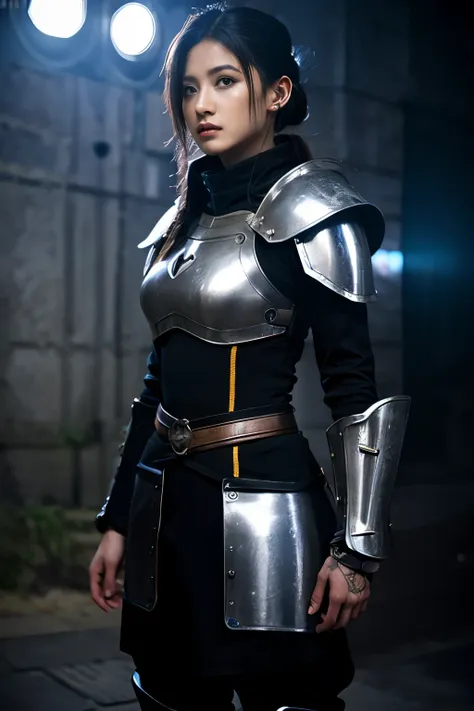 a beautiful young woman, knight, armor without helmet, neon details, rgb lights on, robe, hud visor on, / light sword, energy sw...