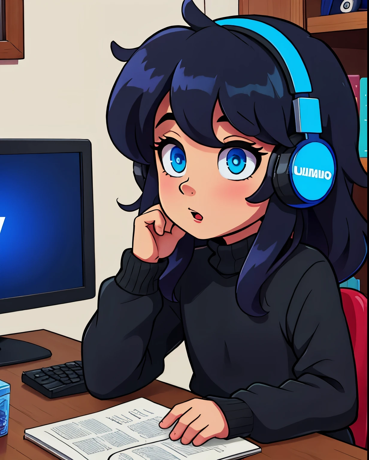 Boy playing computer in black sweater, cabello ondulado, blue light headphones, in a room decorated with video games