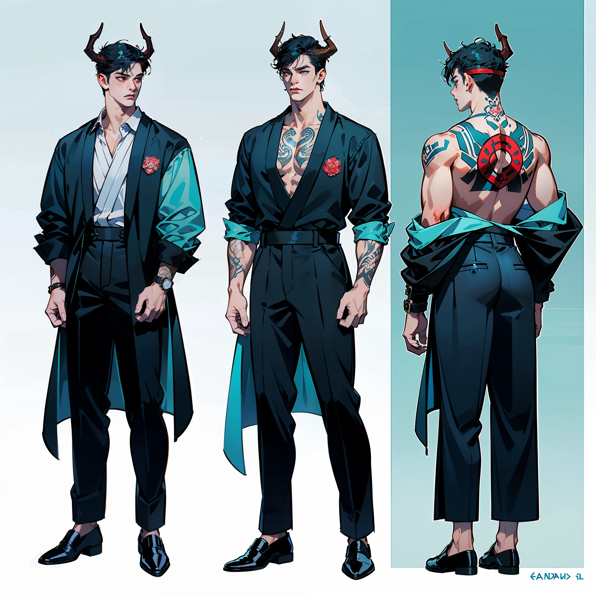 1boy, (character concept:1.32), (character_sheet), (full_body:1.6), slim body, tall, ((Slim)) and ((thin)), (yakuza tattooed) chest, (yakuza tattooed arms), chain on neck, multicolored eyes, (cloth colors black, blue, aquamarine), [red], [green], (flat bangs:1.45), (shorthair:0.88), (эмоцandя:anger), (scaled skin:1.33, horns:1.2), (front view:1.45, view from behind:1.2, view from side:1), ((multiple views, accurate anatomy, best anatomy hands, accurate eye, best anatomy eye)), (((high contrast, highres, 8k, award winning, high quality, super detail, anatomy correct, masterpiece, ccurate, UHD))), (White background:1.2), (simple background), (не залезать за края andзображенandя:2), (extremely detailed), (rating:safe)