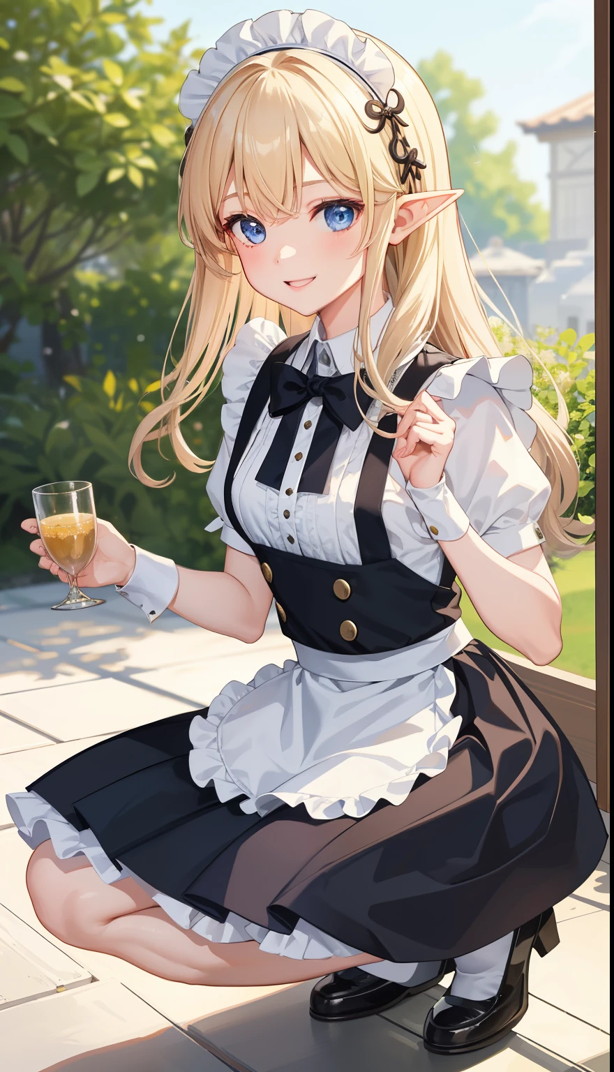 1 girl、as adult、smile、shirt、skirt、apron、hair ornaments、cream hair、elf、maid、maidコスチューム、(small breasts)、Wind、squat、