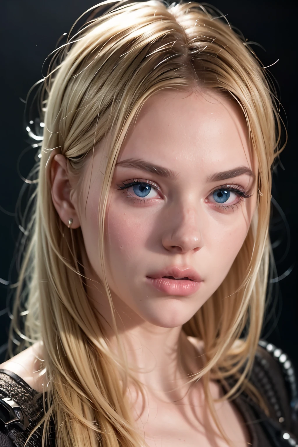 ((AlexiaThompson01R face)). beautiful blonde girl. perfect, blonde hair, short hair, straight hair, blue eyes. closed look. Vibrant Blue Eye. loose hair, hair. hair falling over one eye, emo bangs. pink lips. perfect, white skin. thin nose, thin chin. face in profile, face from the side. ((full body))((front view)) (tactical suit, spy clothes, black clothes)