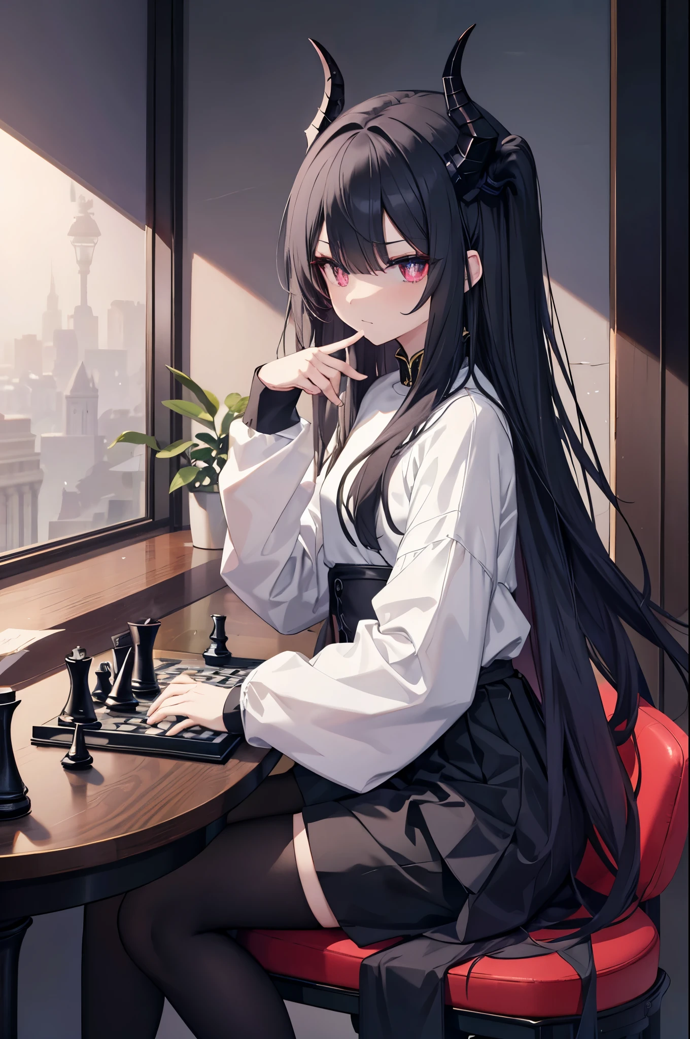 side view,A dragon girl,Slim dragon girl figure,female face,Poker face,long black hair,There are black dragon horns on the head,There is a black dragon tail behind him,Eyes are red vertical pupils,There are vertical pupils in the eyes,female hands,white little hands,normal finger,Wearing a white sweatshirt,wearing short skirt,Wears black tights,Sitting at the chess table,In front of you is a chess board,masterpiece,Exquisite and delicate的二次元精美画风,Exquisite and delicate,8K high quality,CG wallpaper,HD,small ,alone,tomorrow ark风格,tomorrow ark