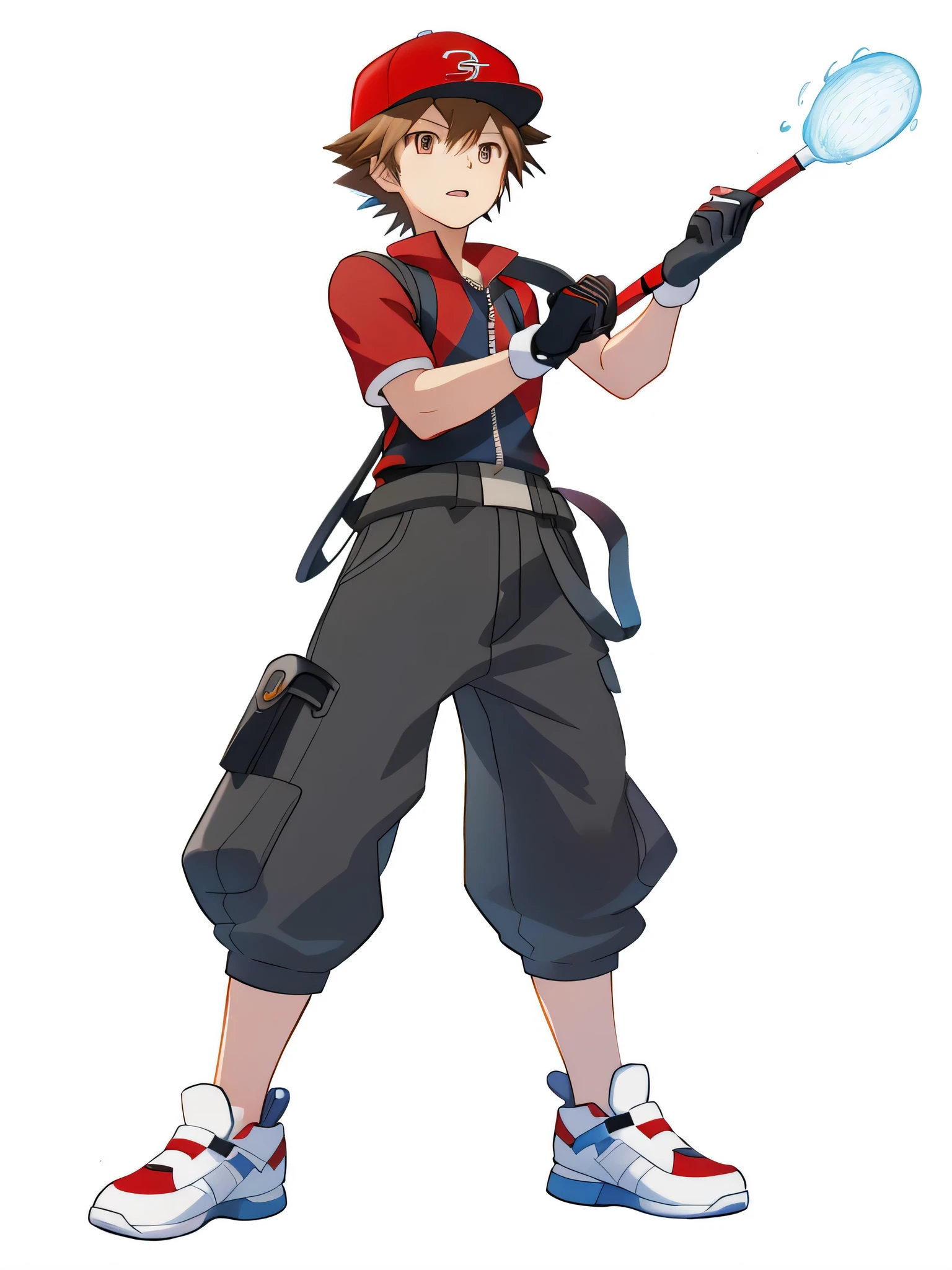 a cartoon pokémon masterpiece image of a person with a red baseball cap and a glove, sora, from kingdom hearts, brown hair, amber eyes, single character full body, sora from kingdom hearts, male protagonist, jrpg character, full body single character, inspired by Yamagata Hiro, inspired by Sakai Hōitsu, full body character, full body render, akihiko yoshida!, wondering town with a map in hand, looking up at the sky facing viewer