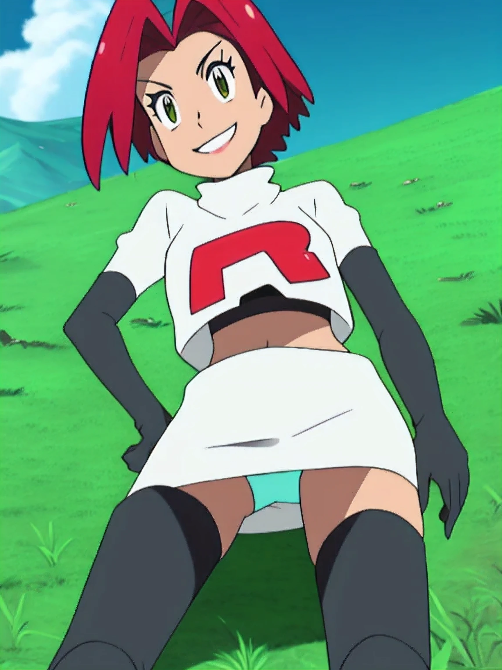 view of the valley, with grass, team rocket uniform, red letter r, white skirt,white crop top,black thigh-high boots, black elbow gloves, evil smile, looking down at viewer, hands on hips, spread legs, from below, panties