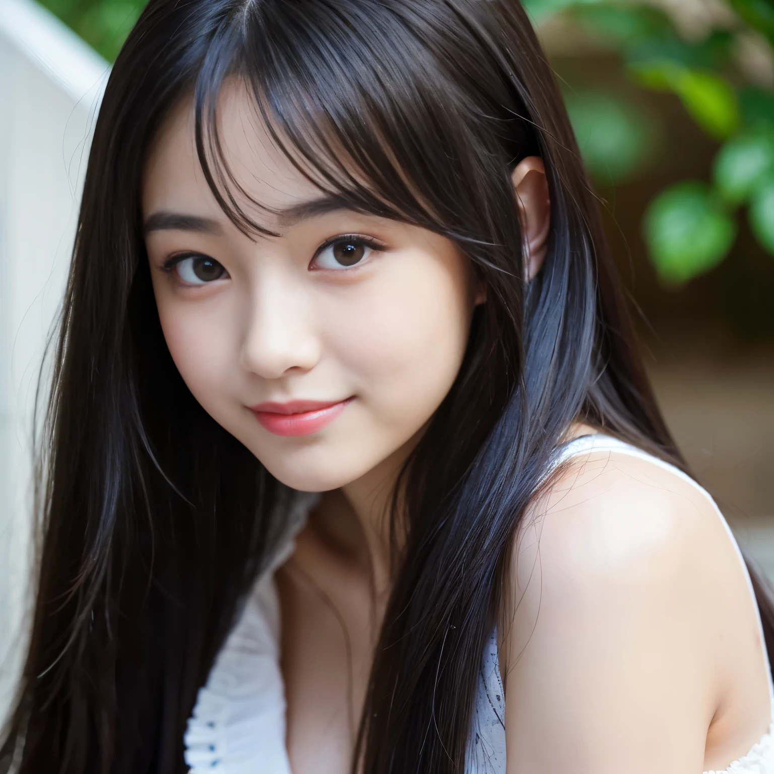 Best-quality, Masterpiece, Ultra-High-Resolution, (Photorealistic:1.4), Raw-Photo, Best-quality, Masterpiece, Ultra-High-Resolution, (Photorealistic:1.4), Raw-Photo, 1girl, -yeld, thost famous Japanese idol, face focus, ((extremely cute face like the most popular Japanese idol, (((extremely beautiful big-black-eyes))), extremely beautiful hair)), extremely beautiful skins, extremely realistic skins, extremely beautiful long-eyelashes, extremely beautiful lips, extremely beautiful cleavage, innocent smile