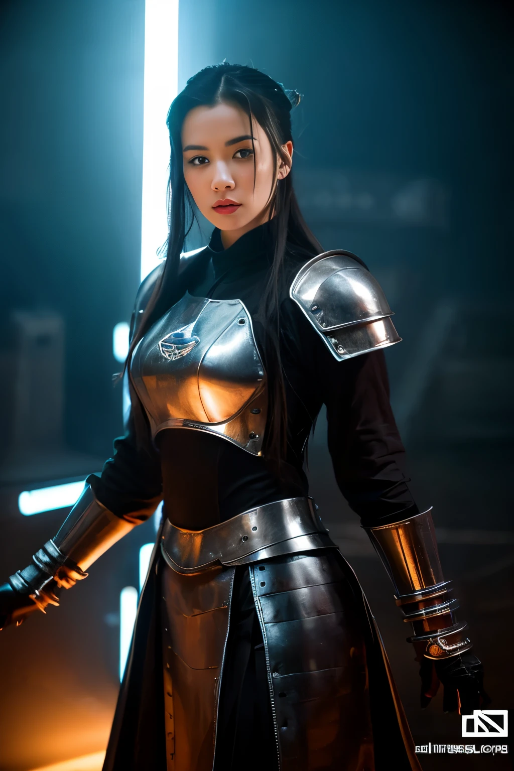 
A beautiful young woman, knight, armor without helmet, neon details, RGB lights on, robe, HUD visor on, / light sword, energy sword, ciberpunk details, control panel wrist, holographic badge, / medieval castle with graffiti, neon signs, / brave looking, tradicional warrior, technology anarchy, daylight 