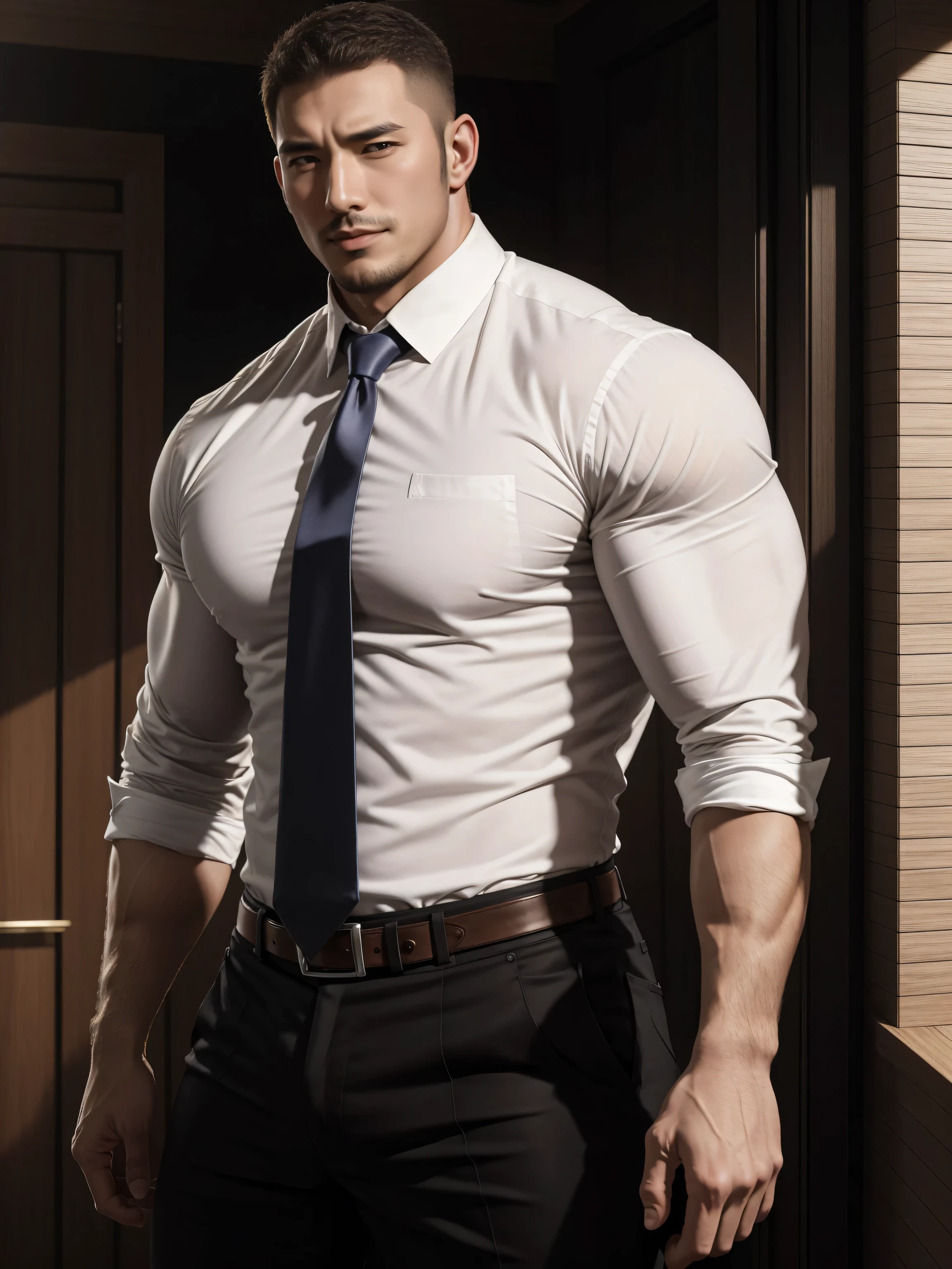 Tall giant muscular肌肉男警官,White shirt,high-end tie,He is in a luxurious villa,character concept(Resident Evil - chris redfield,chris redfield)Smile is warm and charming,Deep and charming eyes,heroic male pose,高大burly,muscular!muscular大腿,tough guy,perfect facial features,High, burly, Heqiang, Super gain and cool, high resolution committee,Charming strong man,The bright sunshine shines on the face through the window